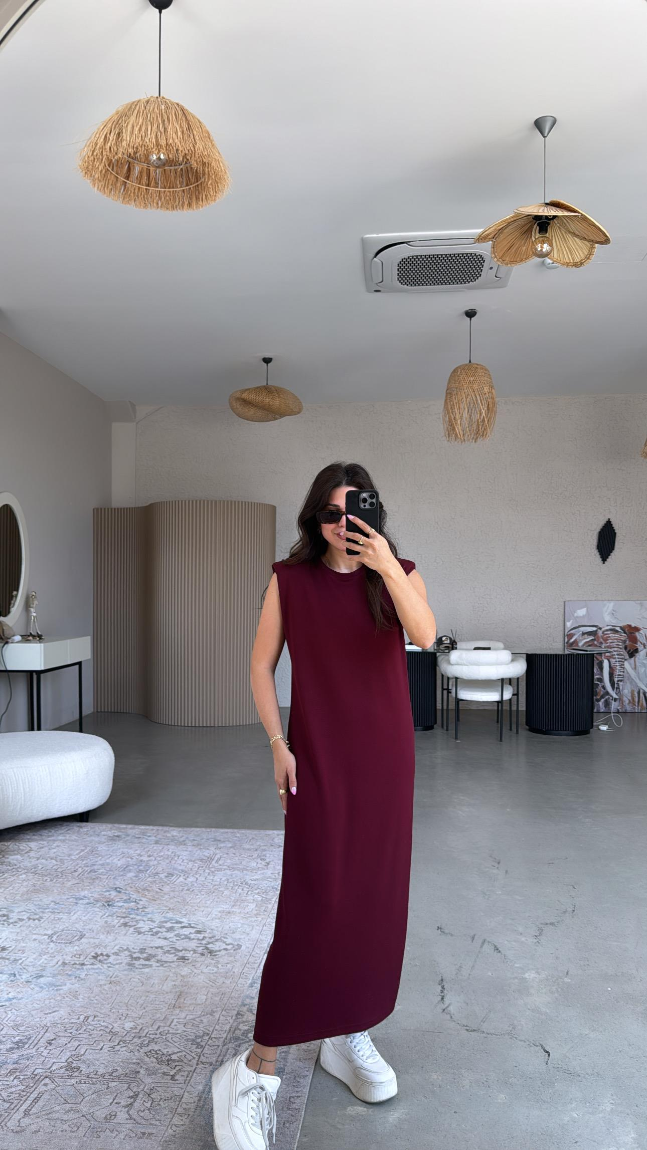 Bordo Vatkalı Modal Elbise