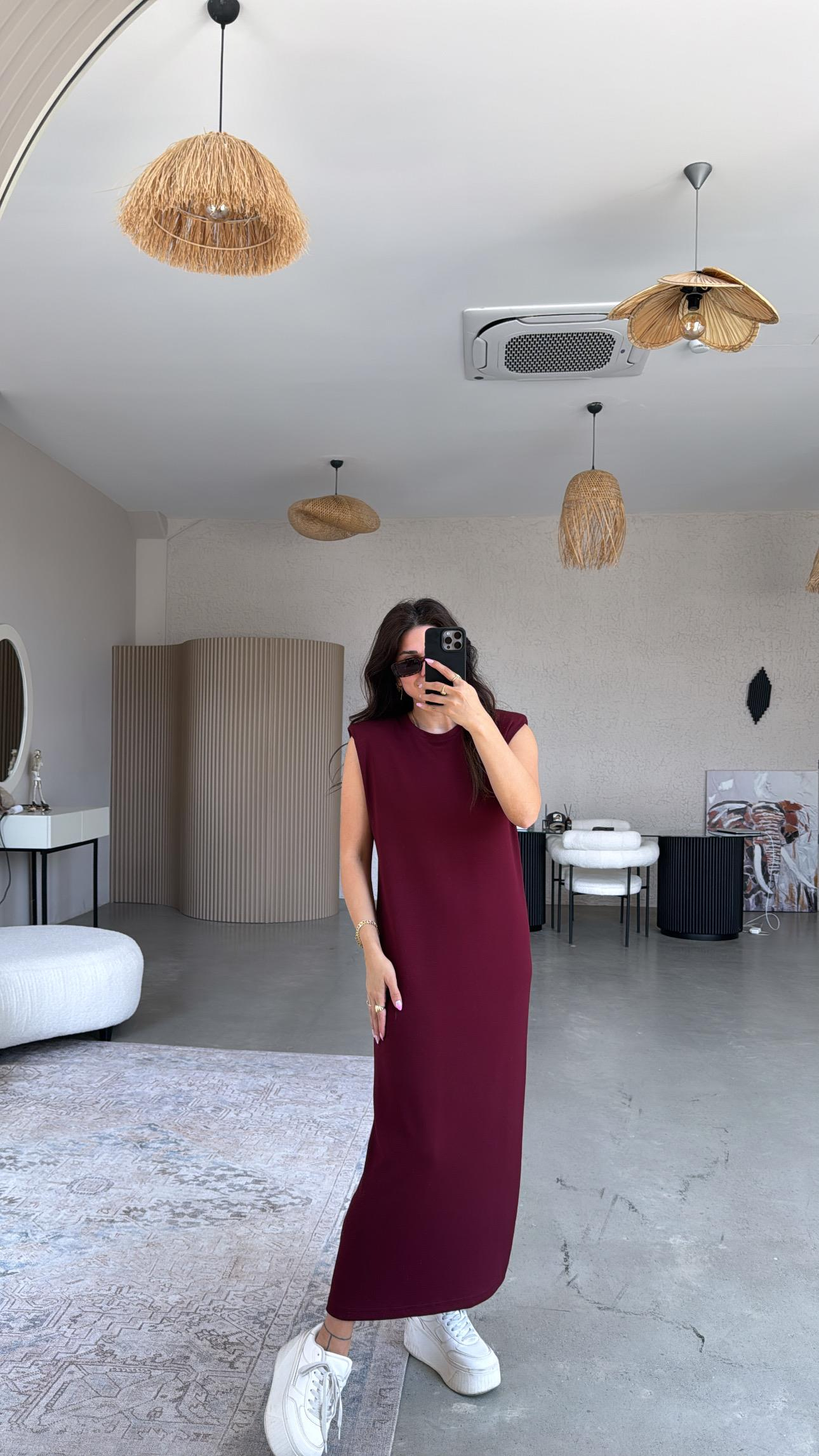 Bordo Vatkalı Modal Elbise