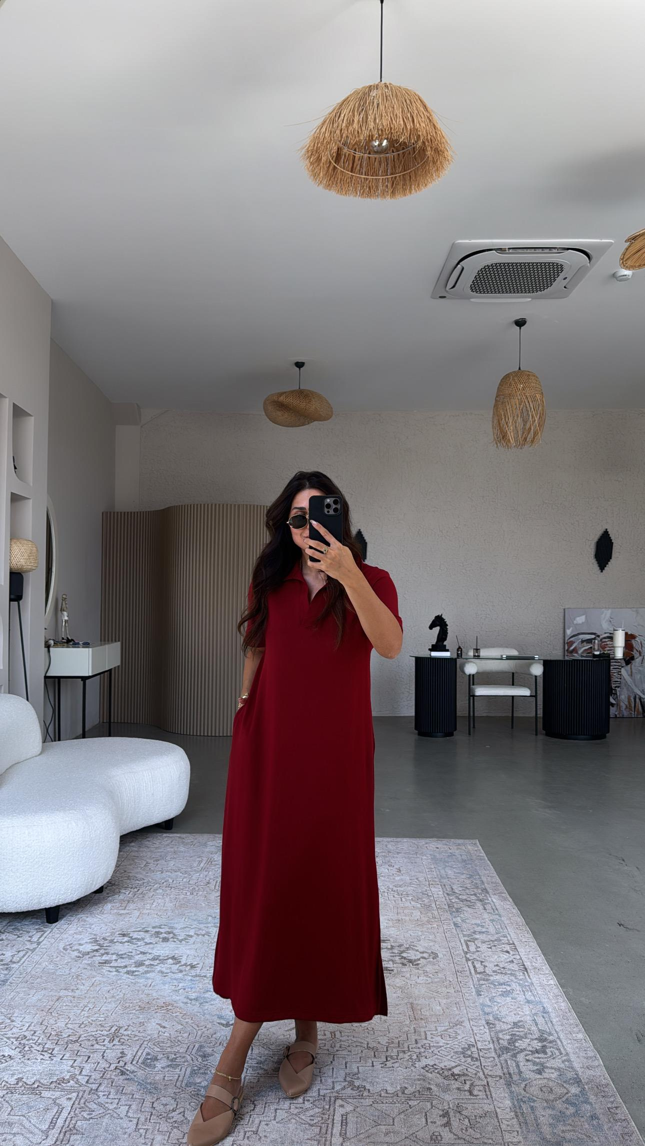 Bordo Yakalı Uzun Modal Elbise