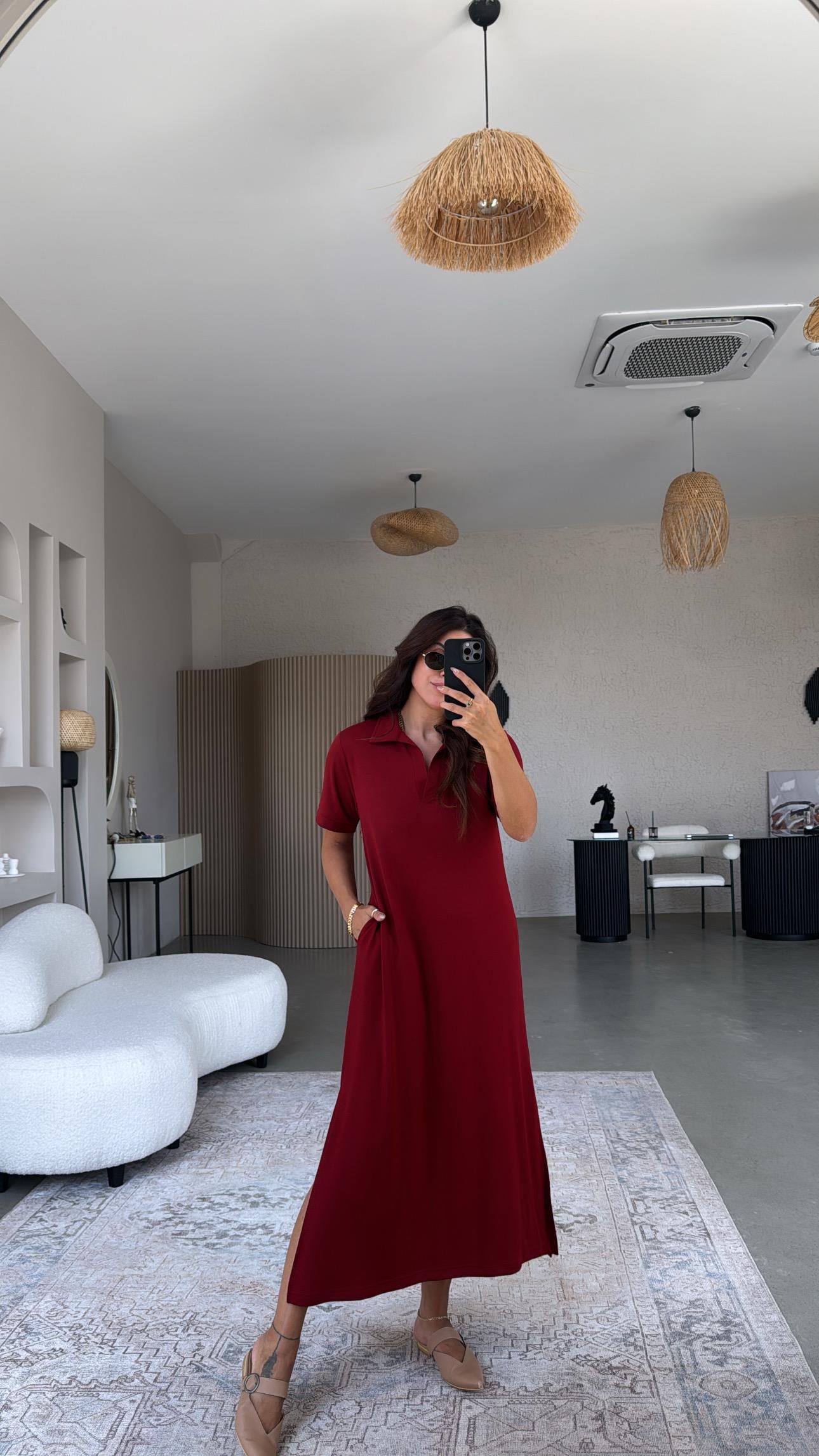 Bordo Yakalı Uzun Modal Elbise