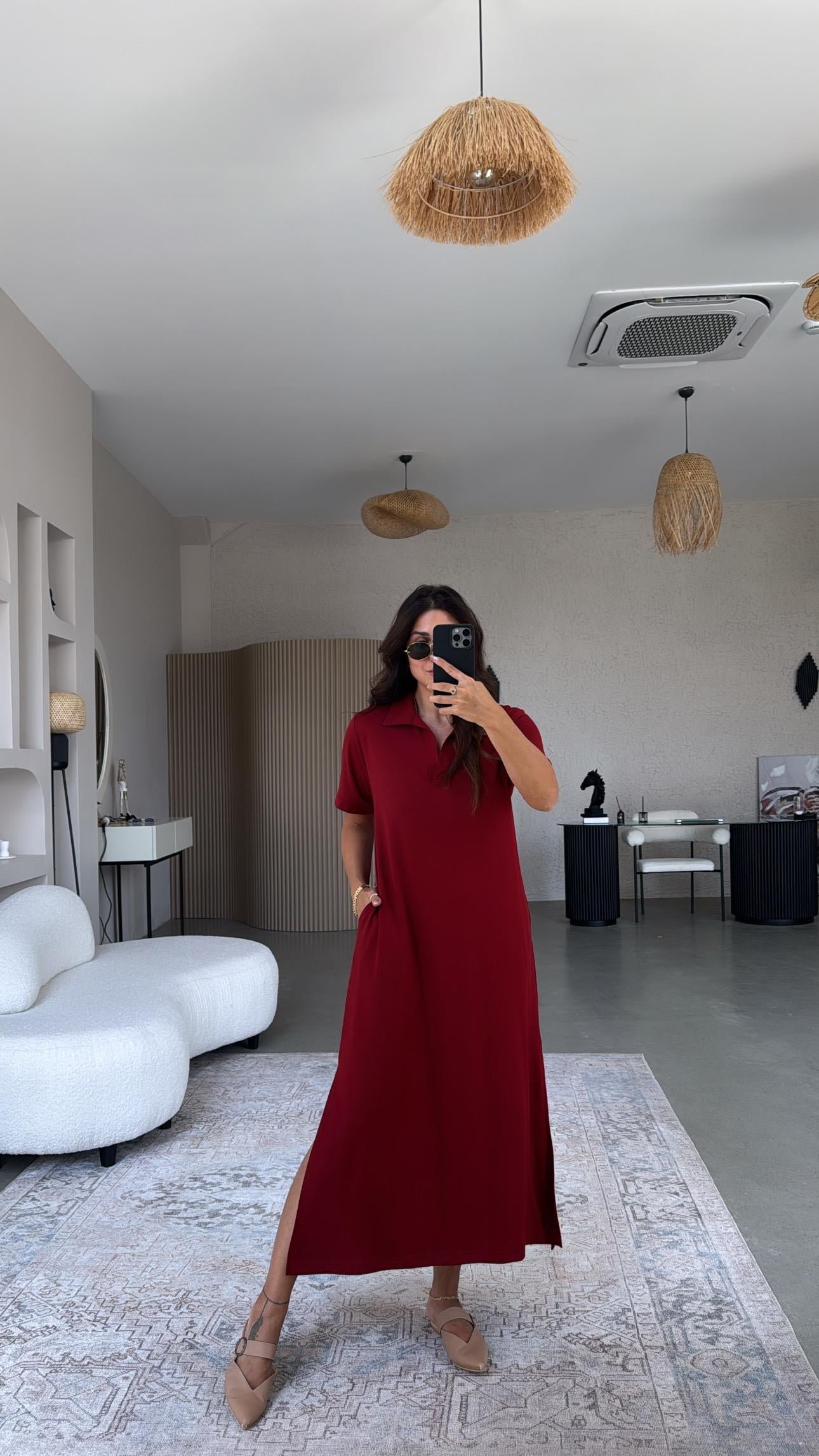 Bordo Yakalı Uzun Modal Elbise