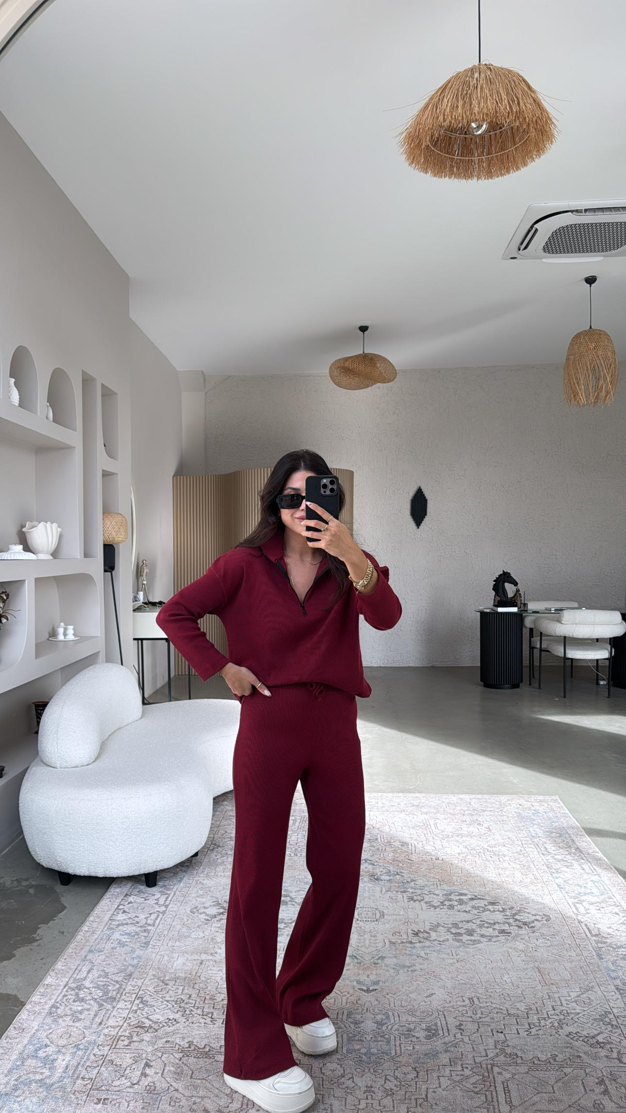 Bordo Yarım Fermuarlı Fitilli Basic Takım