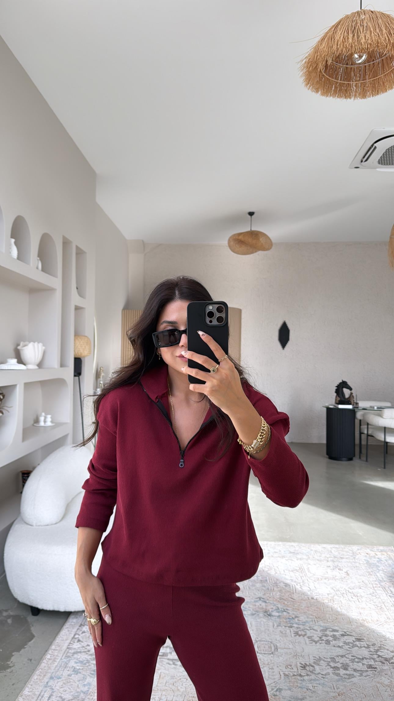 Bordo Yarım Fermuarlı Fitilli Basic Takım