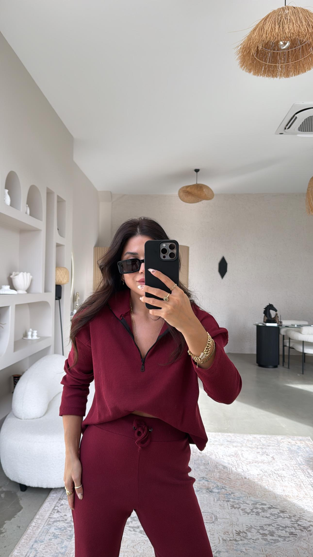 Bordo Yarım Fermuarlı Fitilli Basic Takım