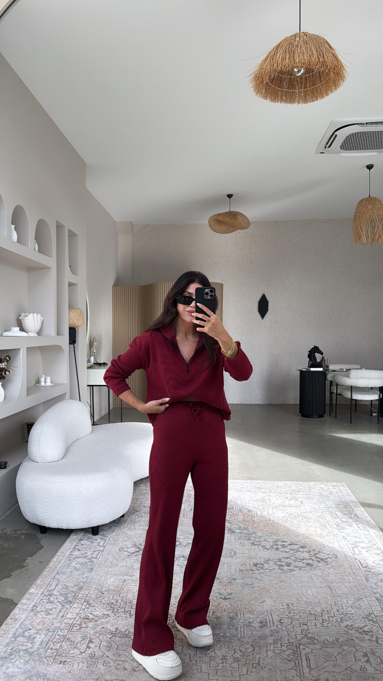 Bordo Yarım Fermuarlı Fitilli Basic Takım