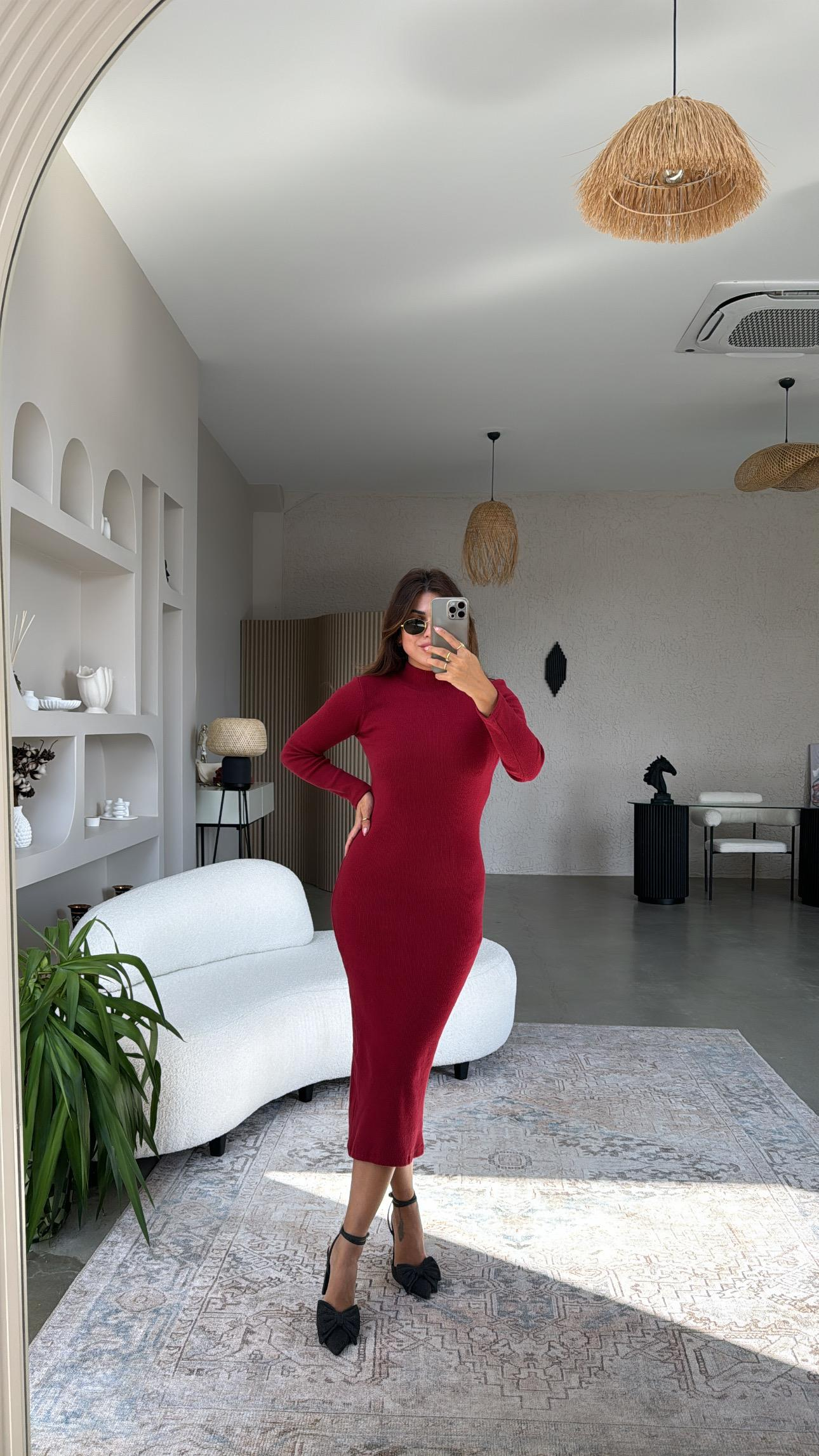 Bordo Yün Karışımlı Triko Kalem Elbise