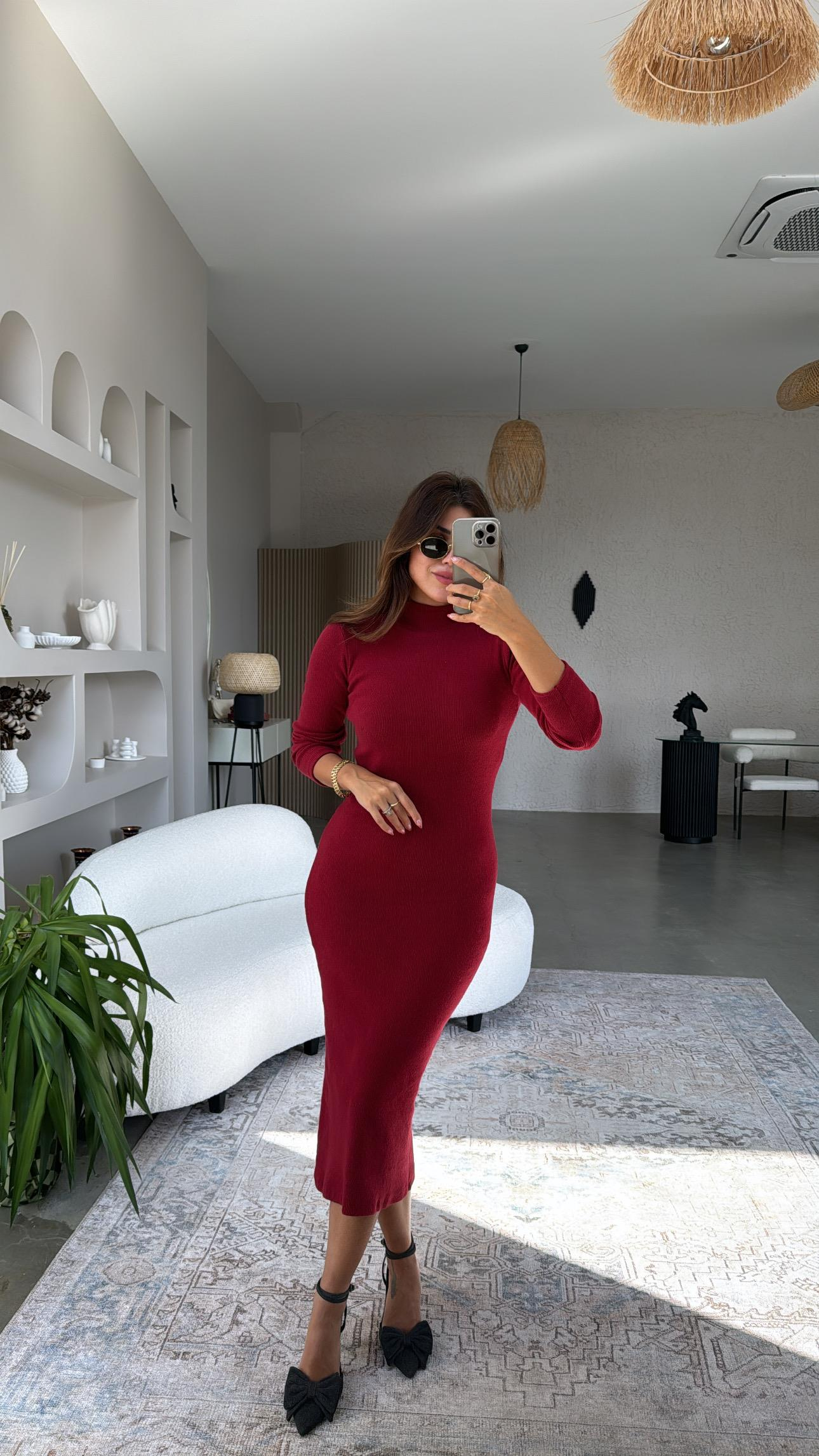 Bordo Yün Karışımlı Triko Kalem Elbise