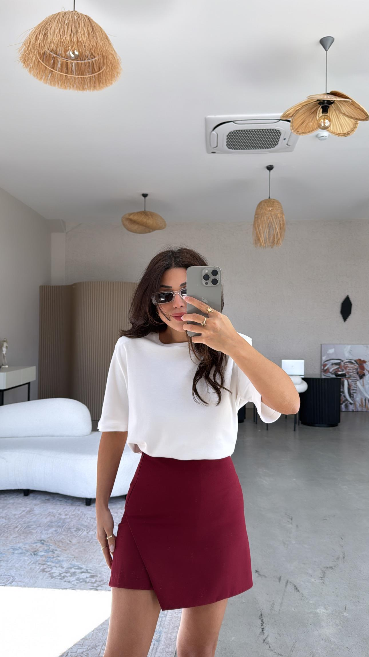 Bordo Zarf Kesimli Şort Etek