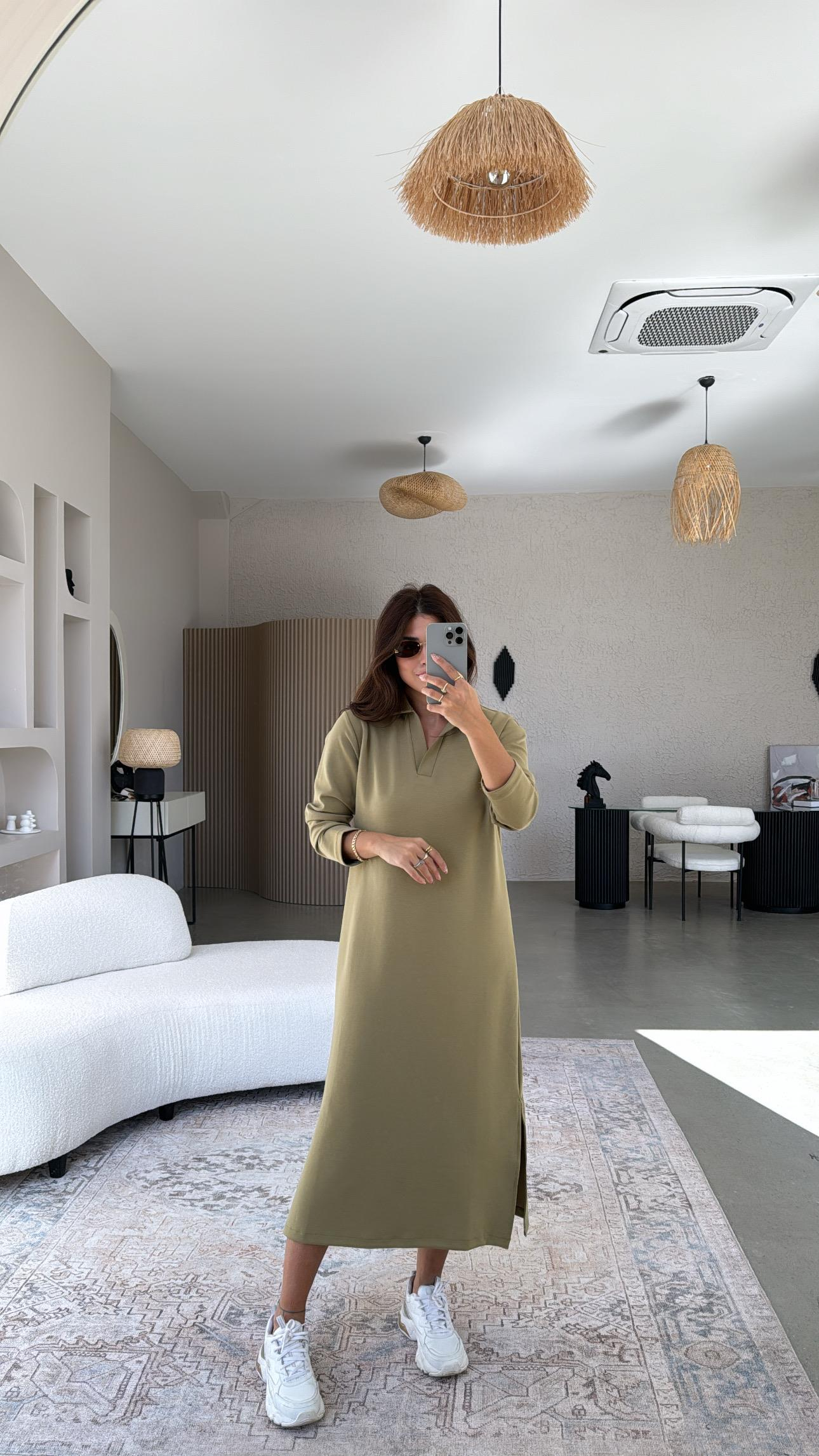 Çağla Yeşili Yakalı Modal Elbise