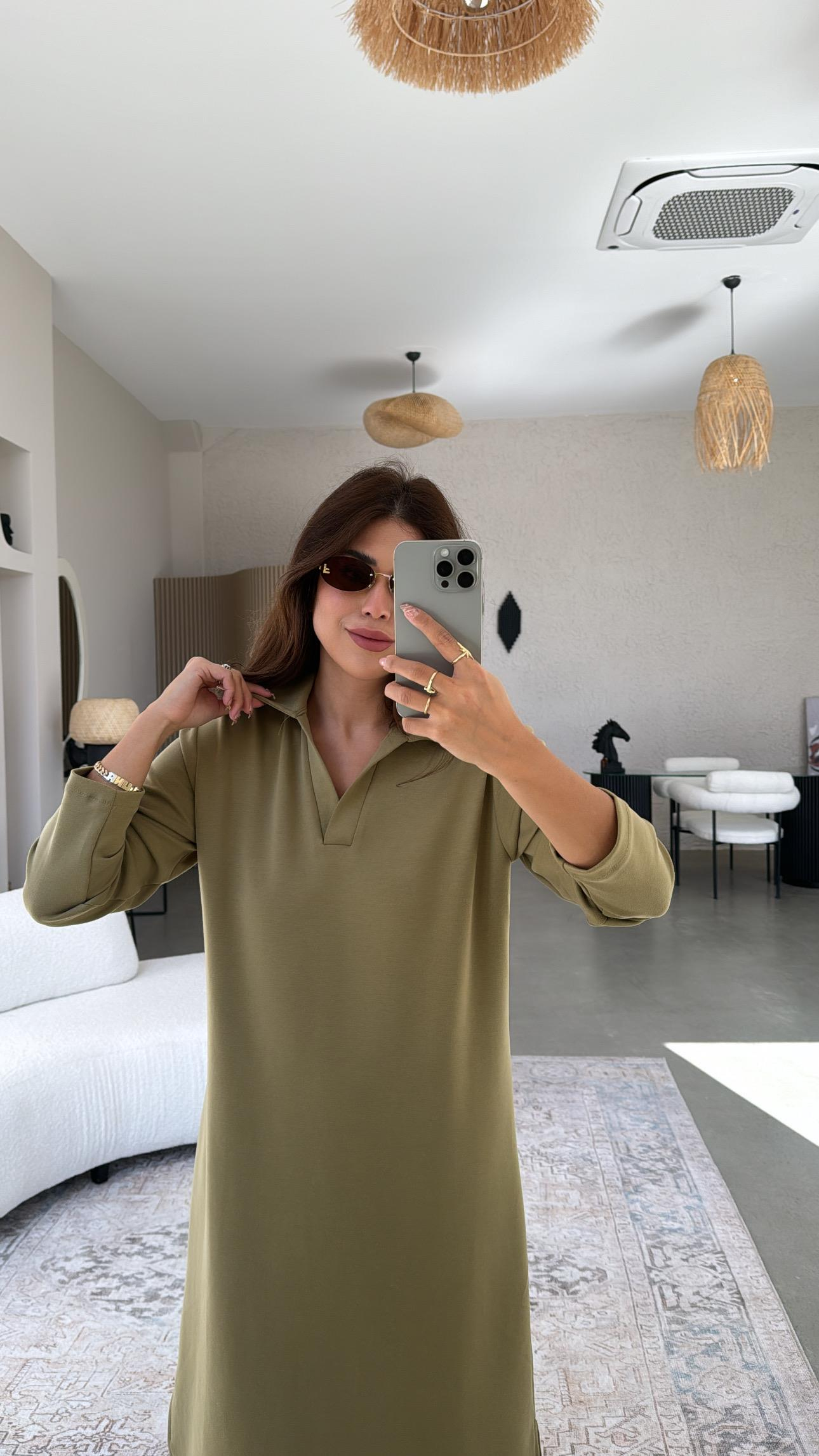 Çağla Yeşili Yakalı Modal Elbise