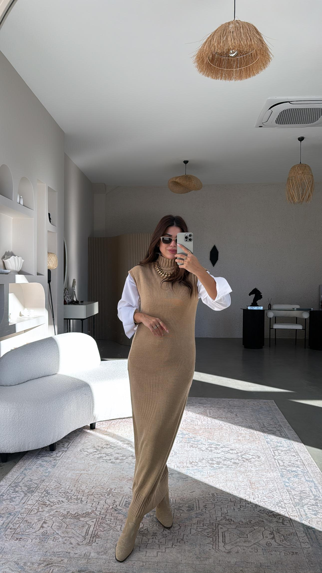 Camel Boğazlı Triko Maxi Elbise