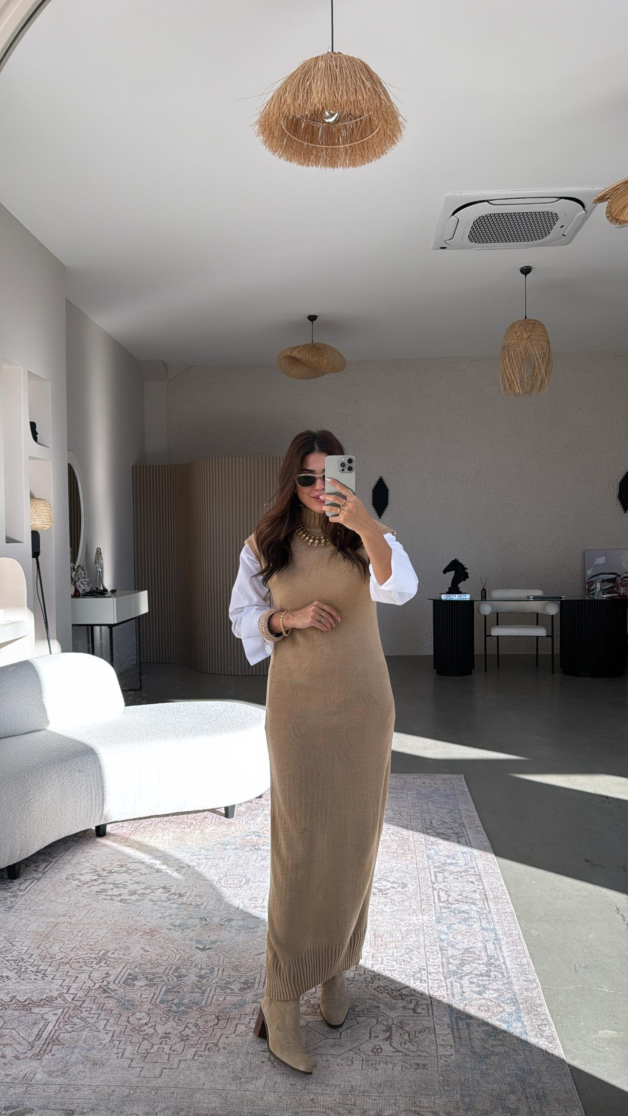 Camel Boğazlı Triko Maxi Elbise