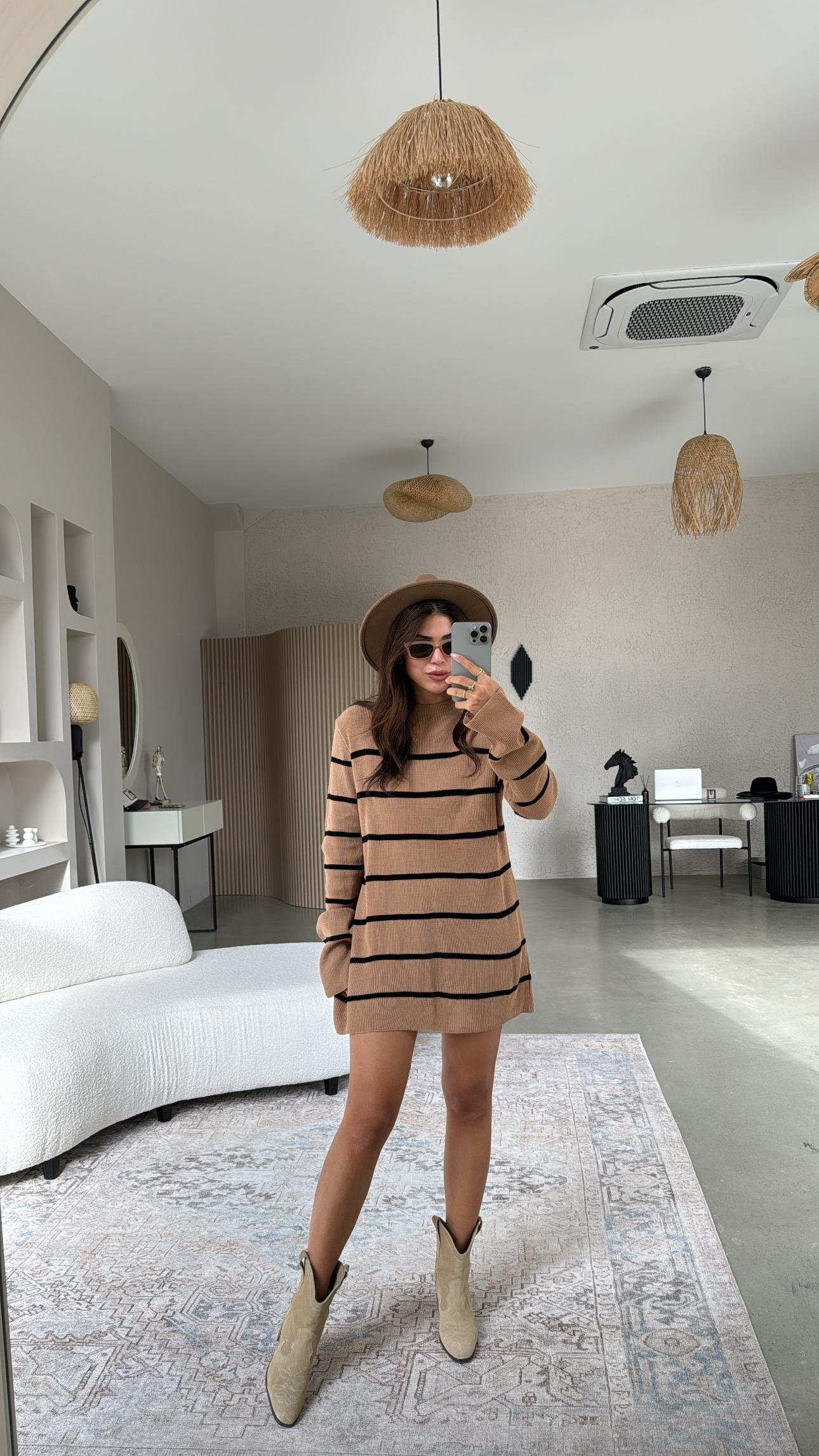 Camel Çizgili Triko Tunik