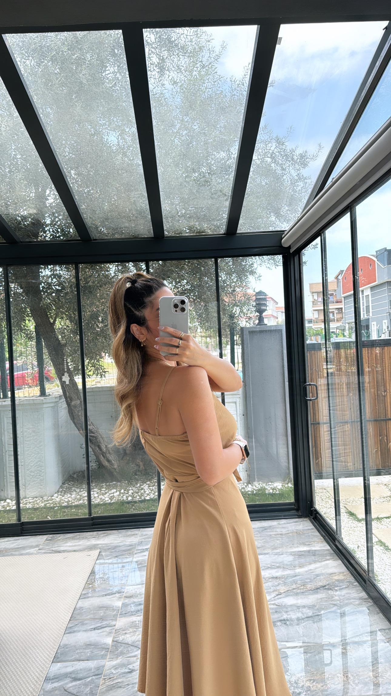 Camel Kruvaze Yaka Kiloş Premium Elbise