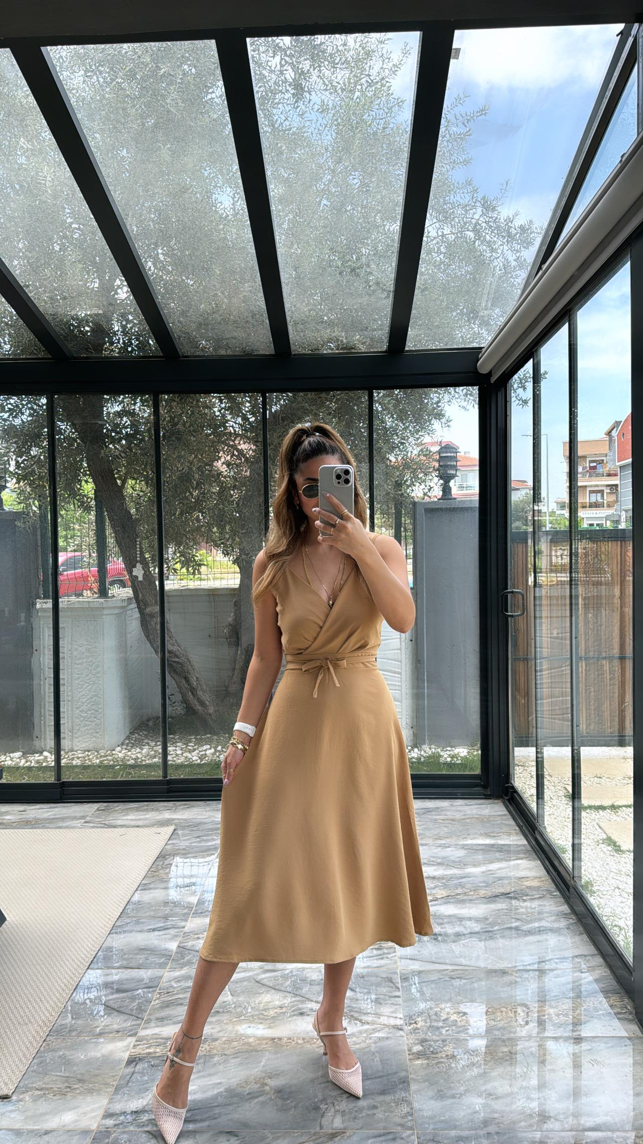 Camel Kruvaze Yaka Kiloş Premium Elbise