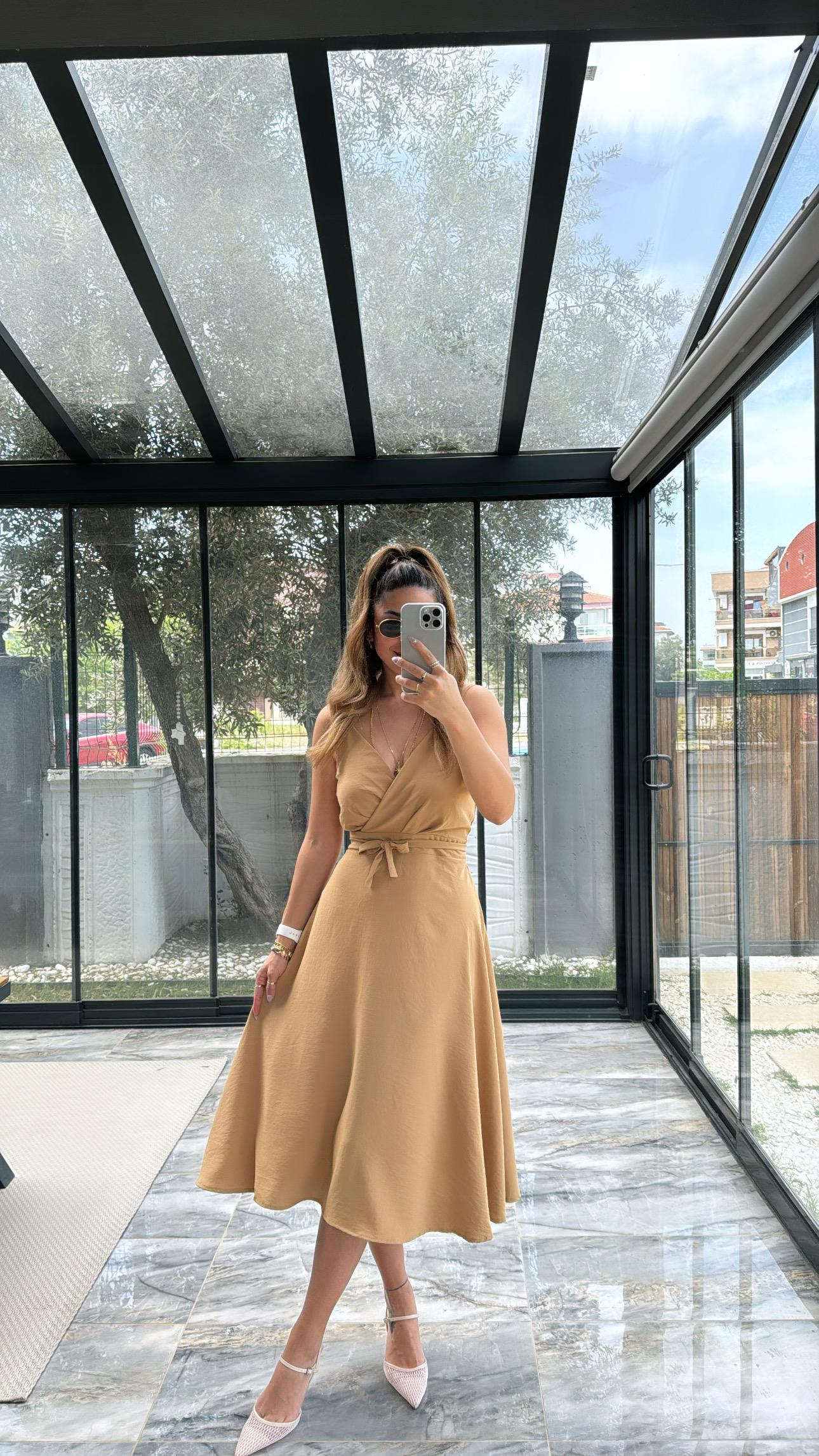 Camel Kruvaze Yaka Kiloş Premium Elbise