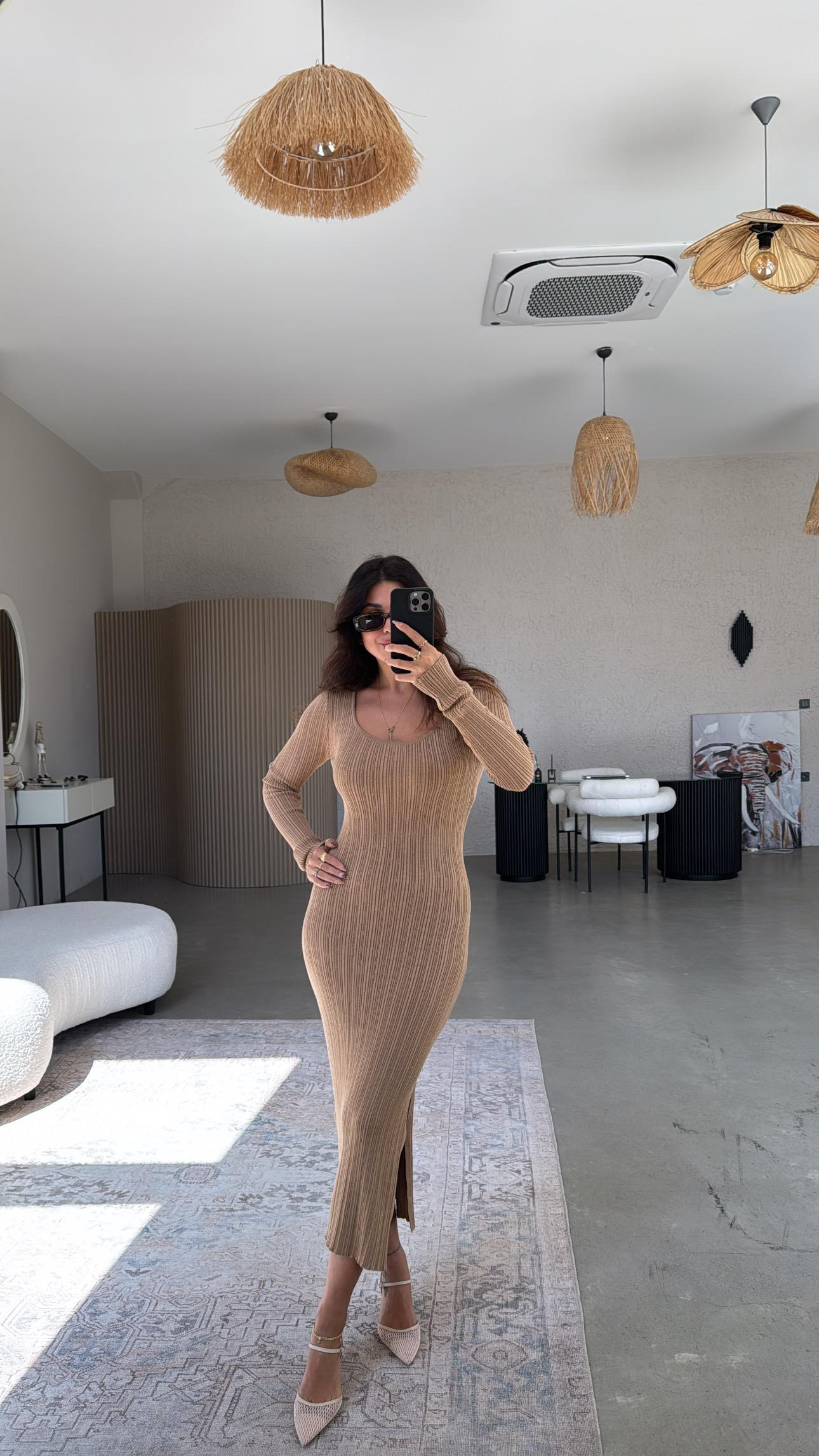 Camel Lycra Basic Triko Elbise
