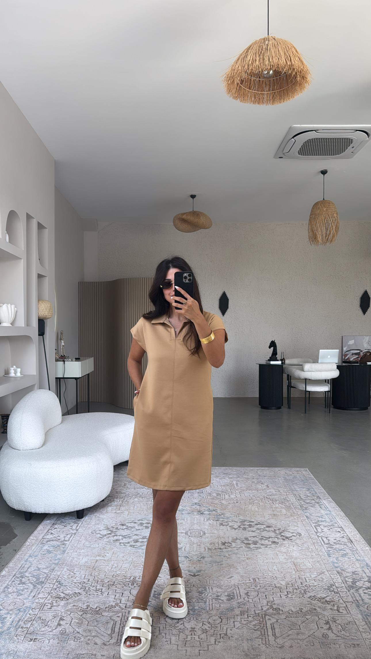 Camel Polo Yaka Çımalı Elbise