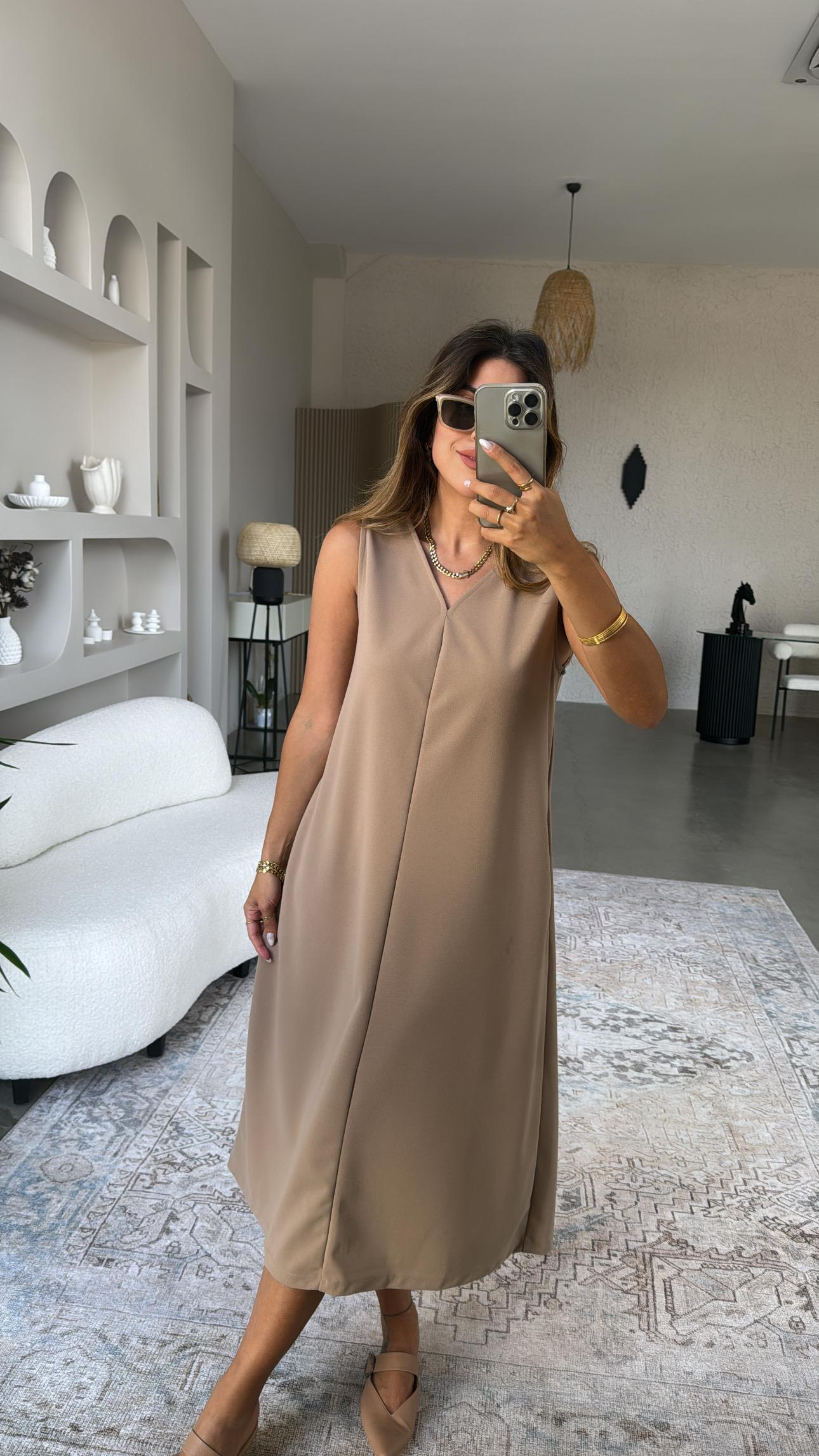Camel V Yaka Kolsuz Krep Elbise