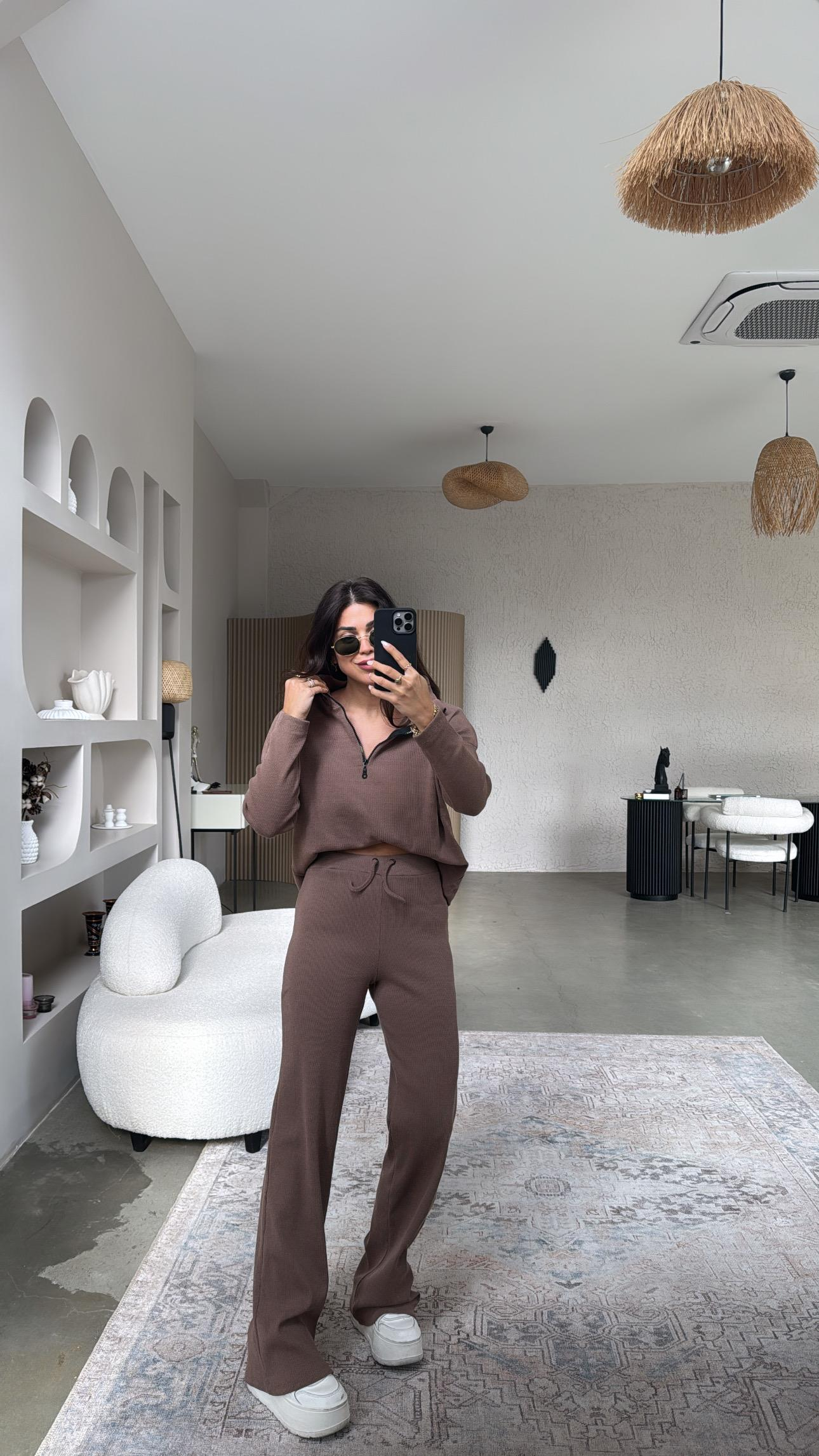 Camel Yarım Fermuarlı Fitilli Basic Takım