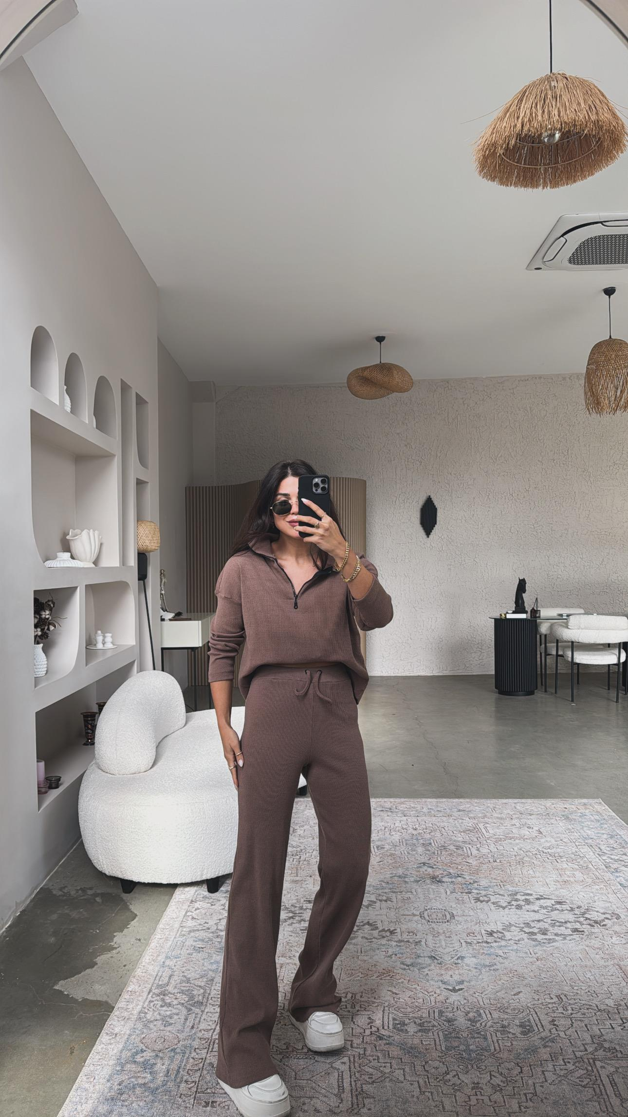 Camel Yarım Fermuarlı Fitilli Basic Takım