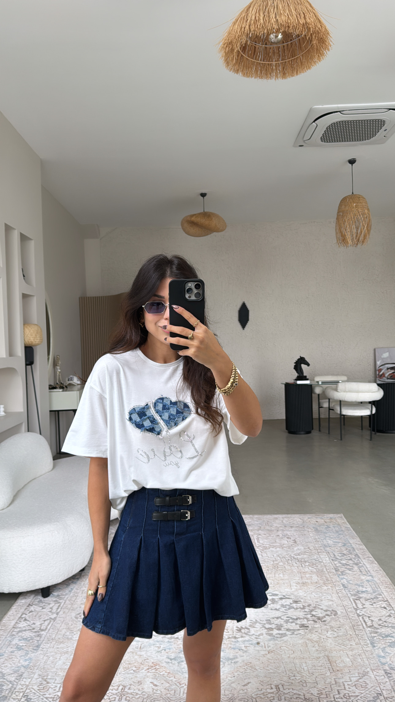 Çift Kemerli Denim Pileli Etek