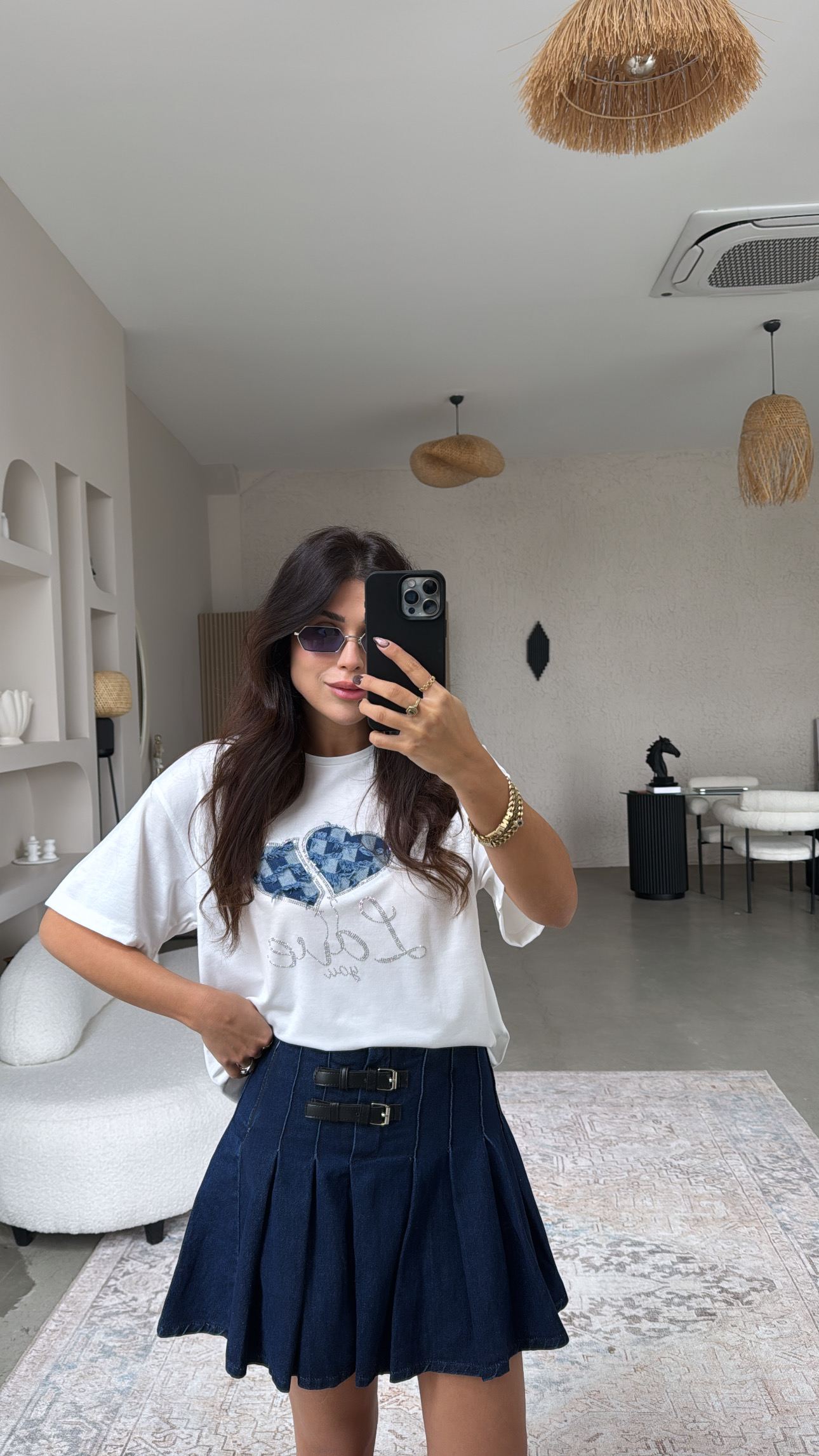 Çift Kemerli Denim Pileli Etek