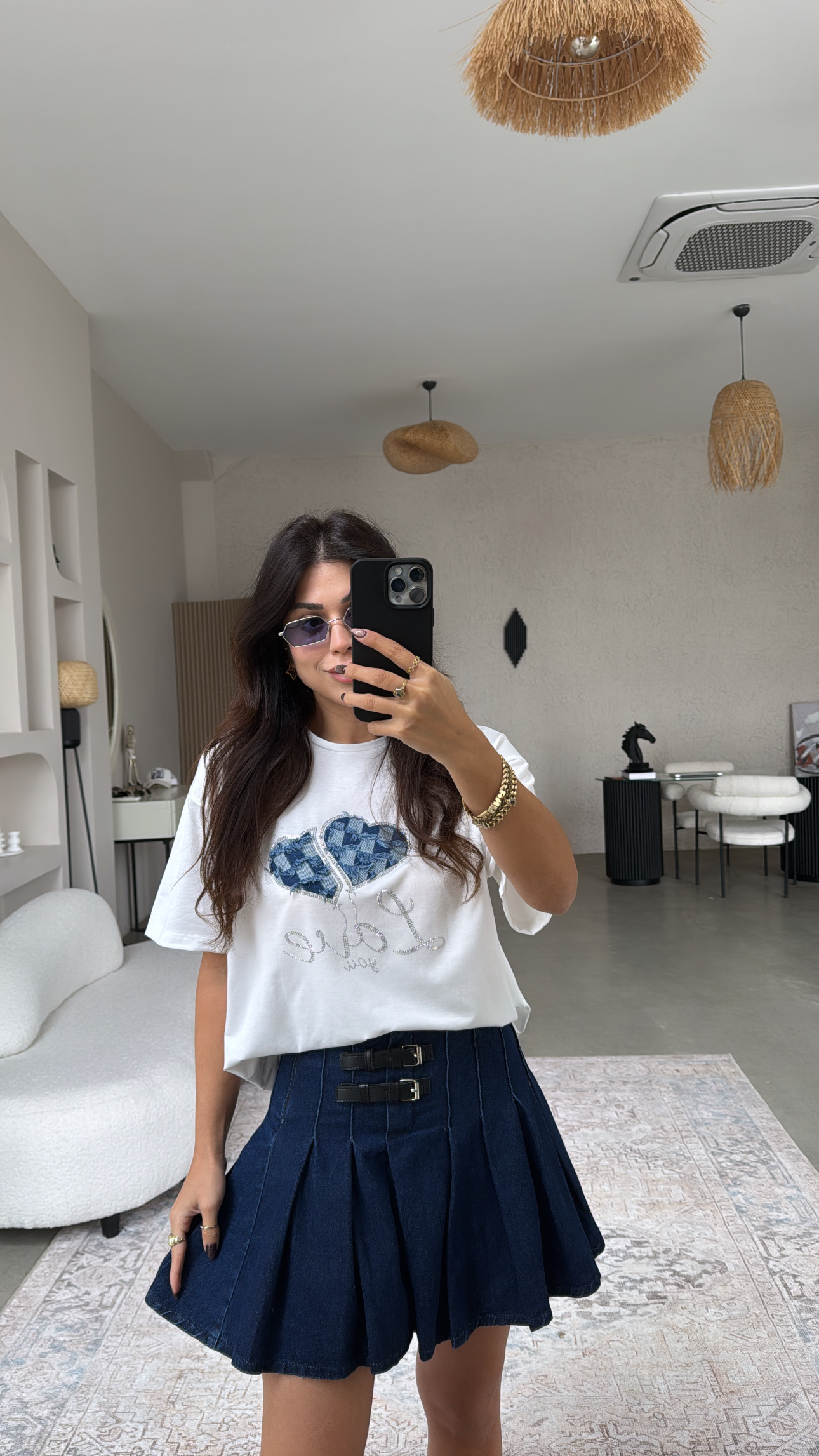 Çift Kemerli Denim Pileli Etek