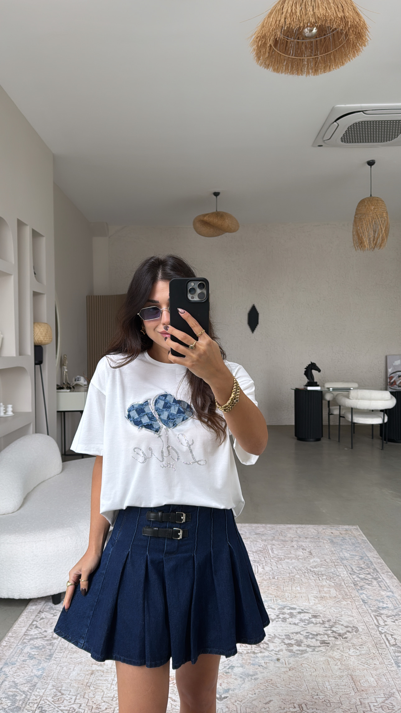 Çift Kemerli Denim Pileli Etek