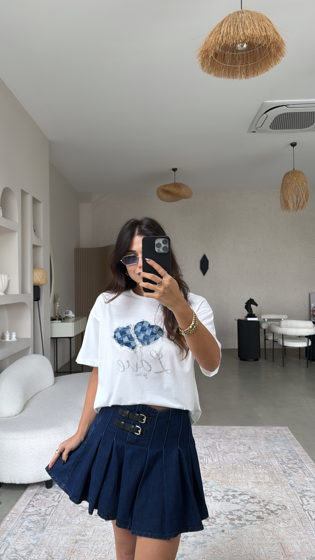 Çift Kemerli Denim Pileli Etek