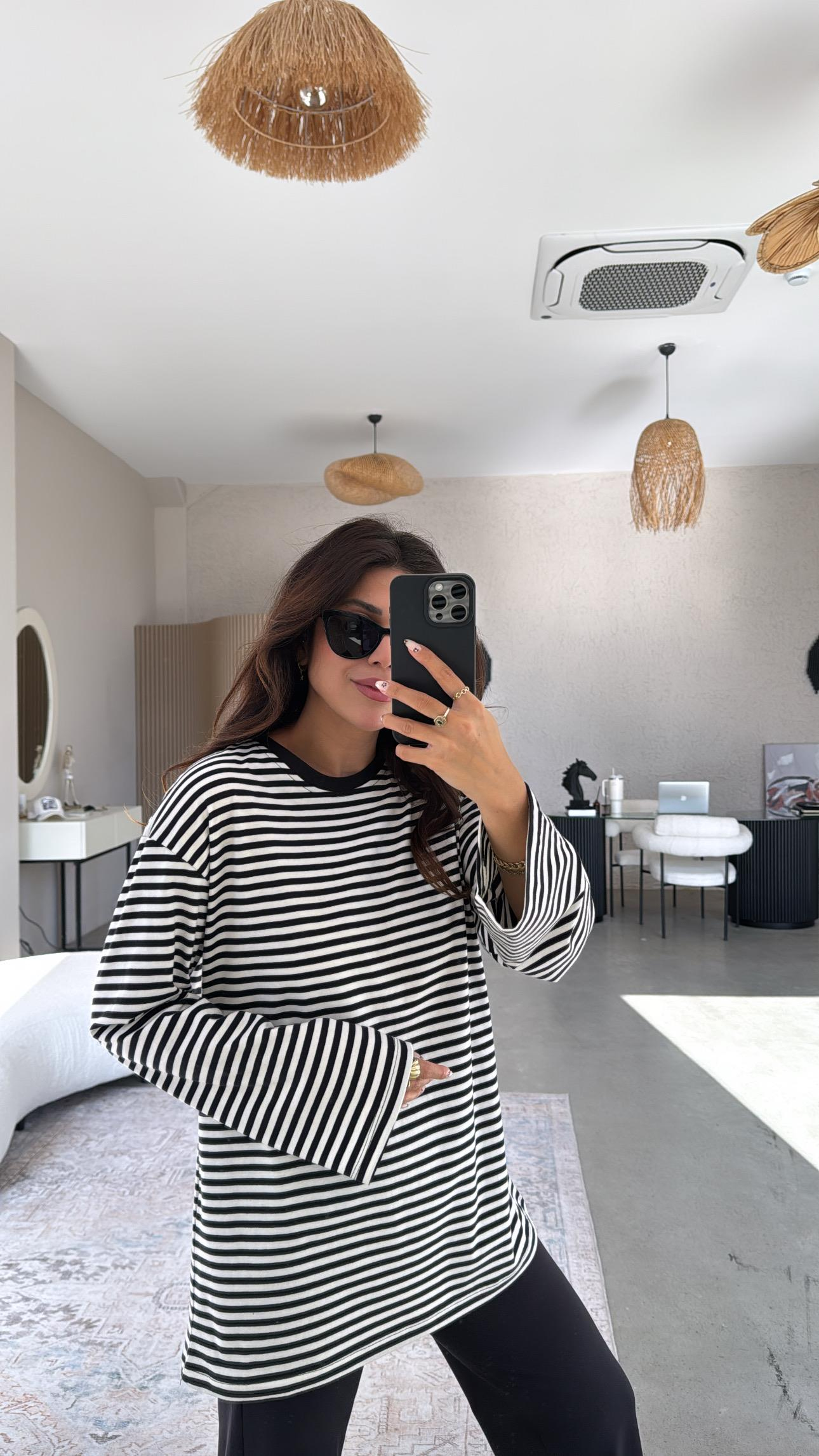 Çizgili Uzun Kol Basic Pamuk Tshirt