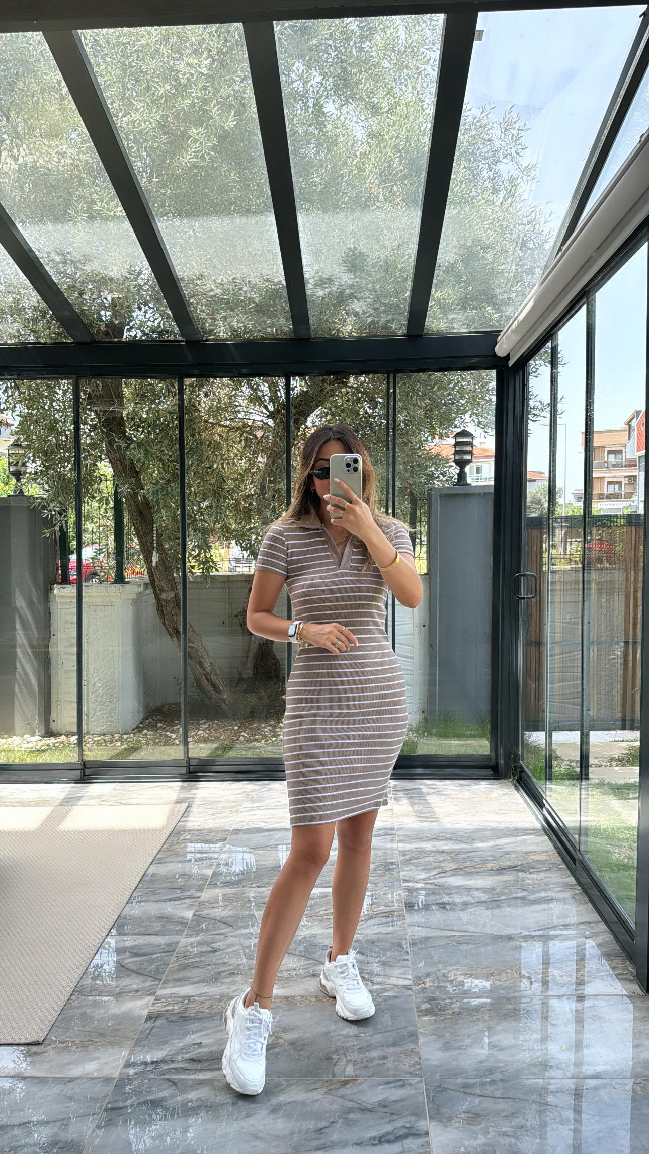 Çizgili Vizon Yakalı Basic Elbise