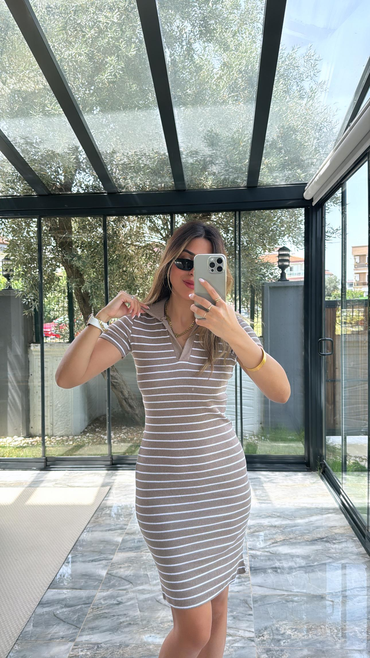 Çizgili Vizon Yakalı Basic Elbise