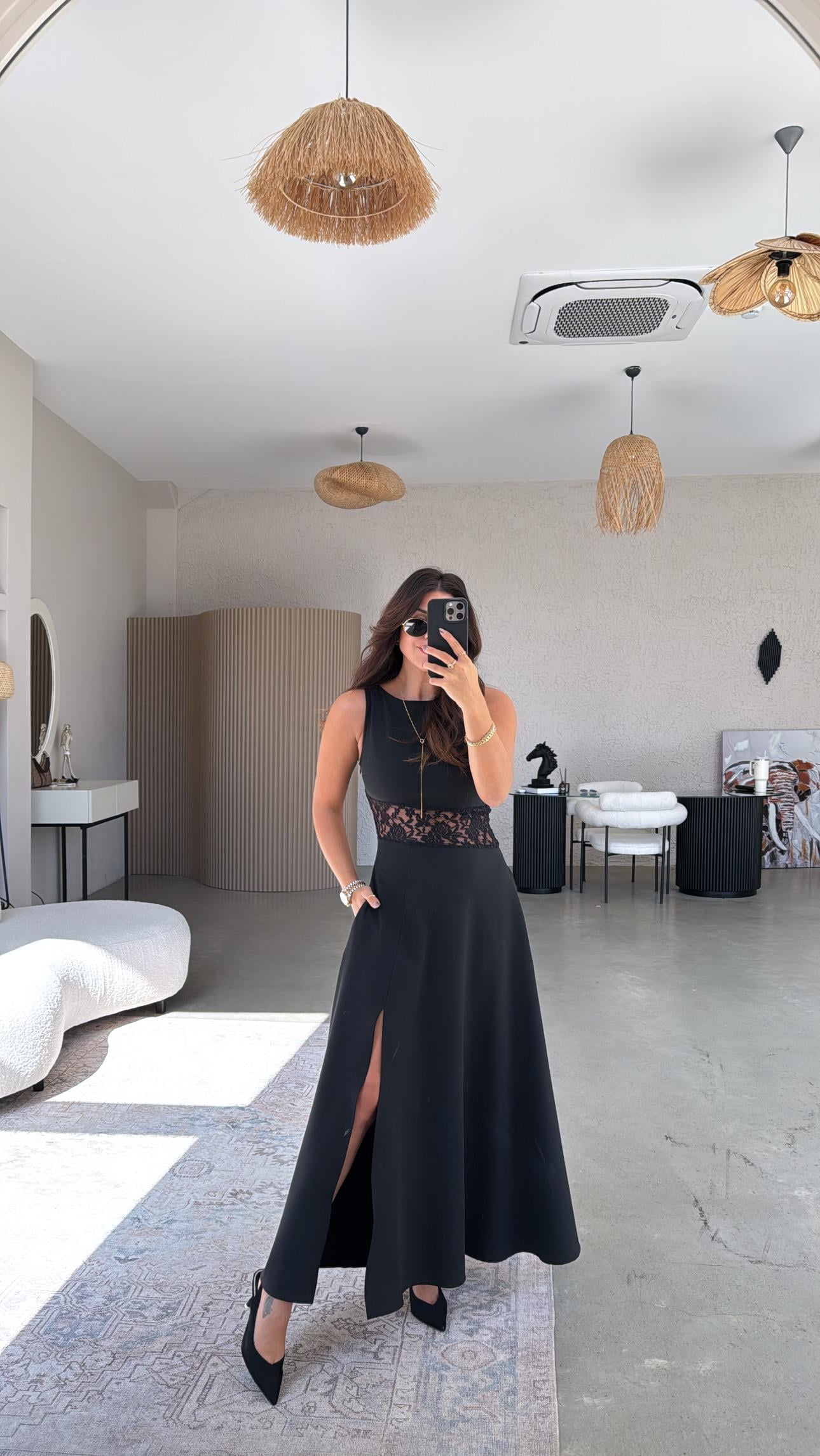 Dantel Detaylı Maxi Premium Siyah Elbise