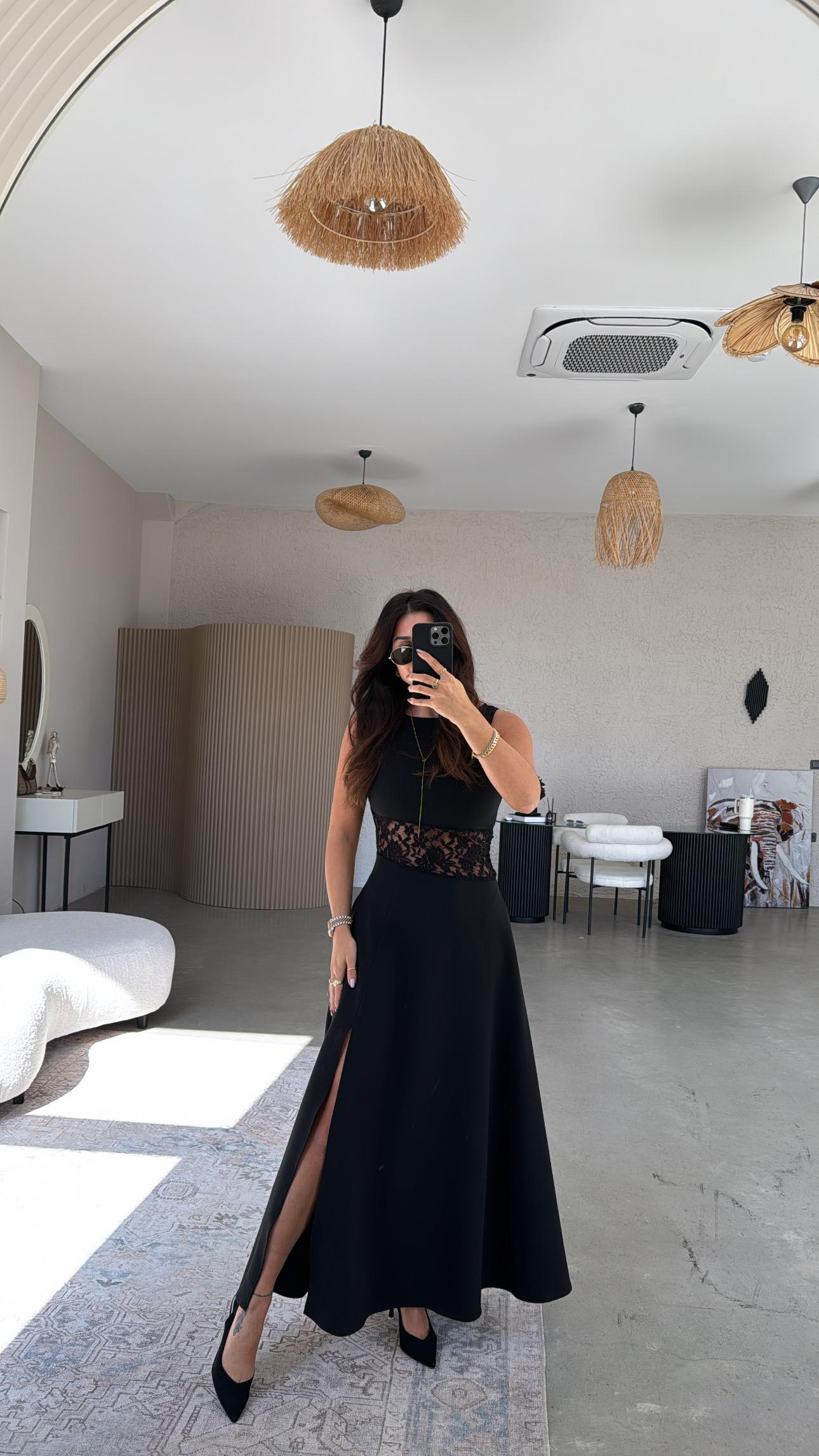 Dantel Detaylı Maxi Premium Siyah Elbise