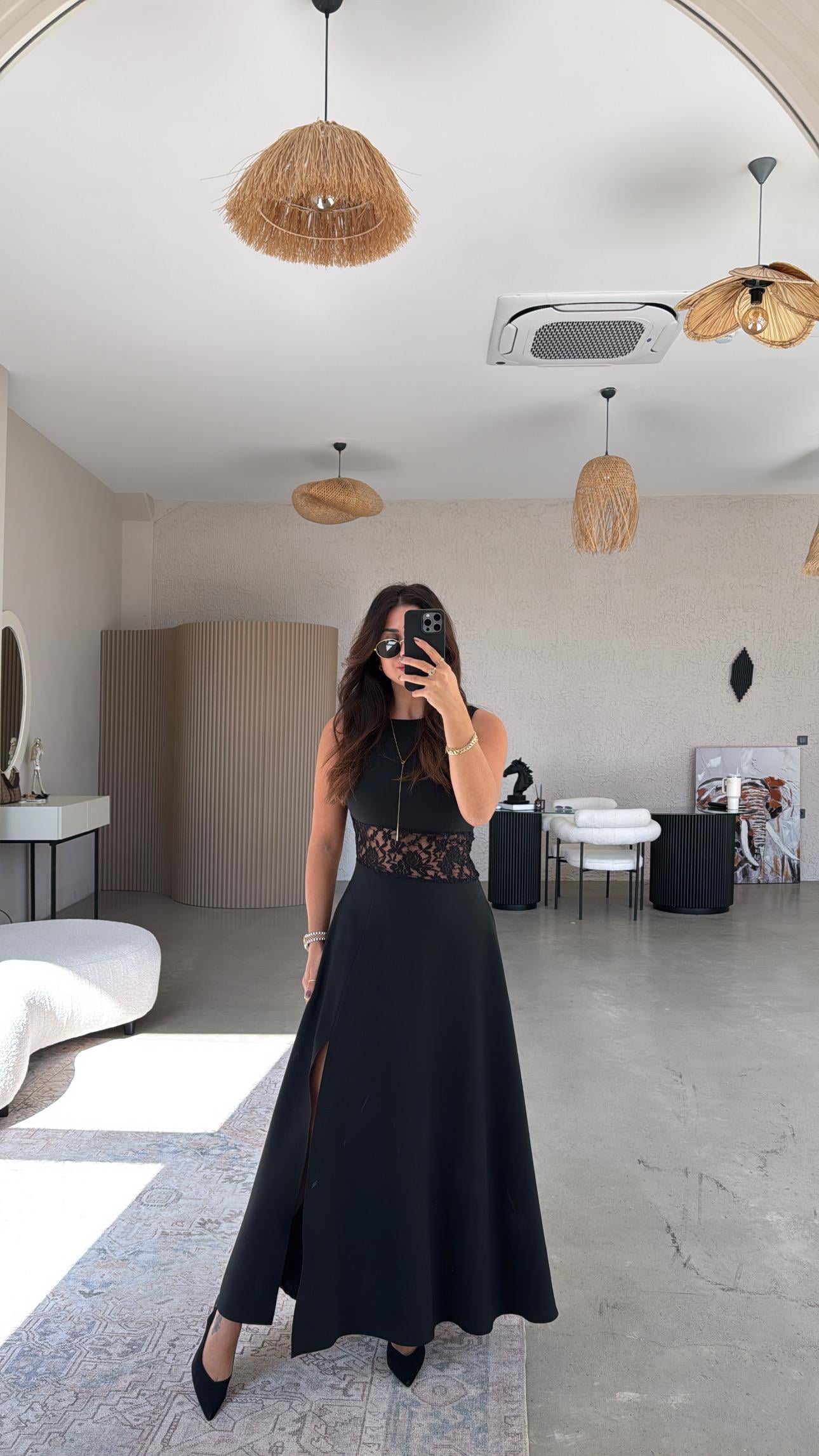 Dantel Detaylı Maxi Premium Siyah Elbise