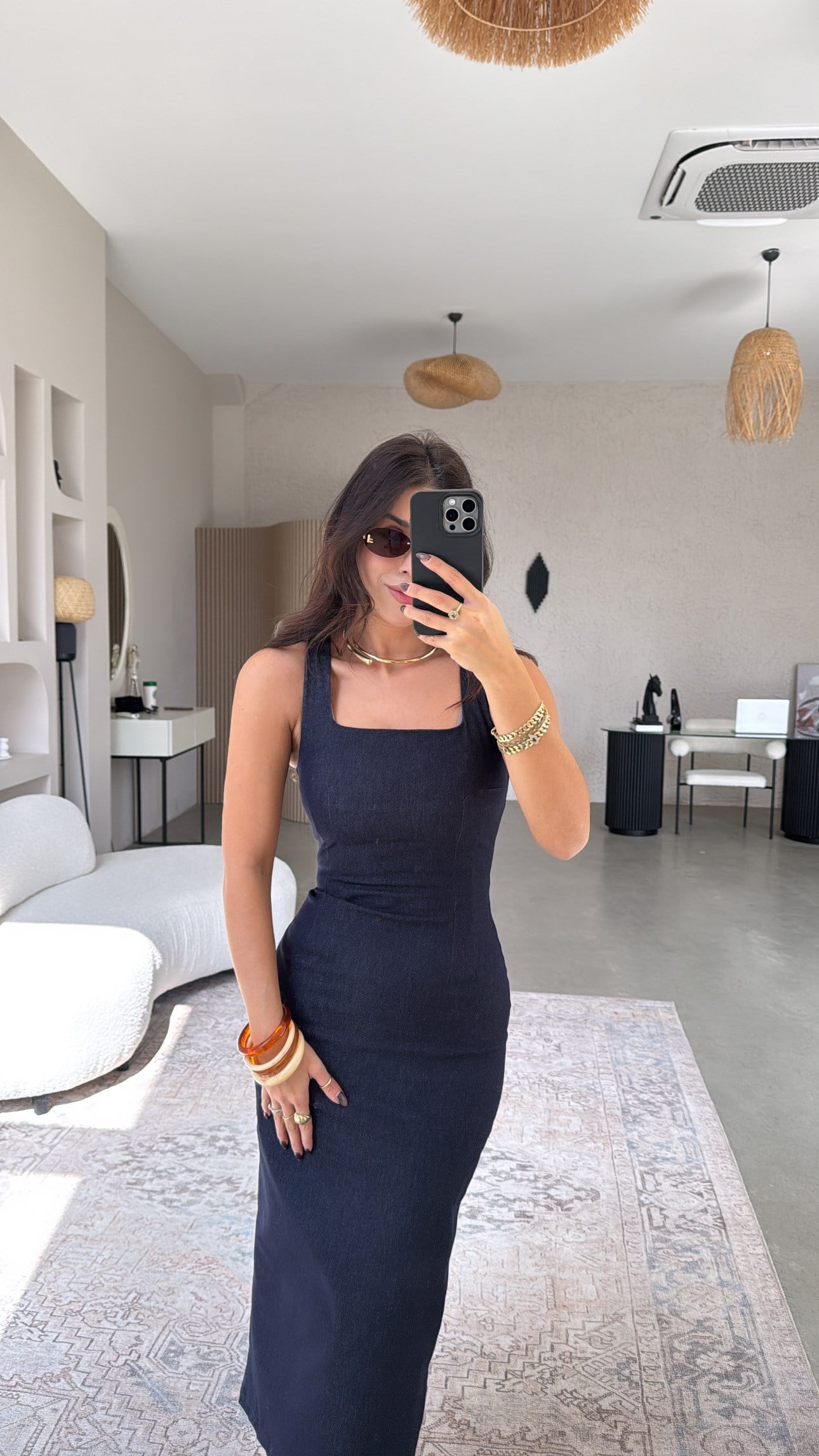 Denim Uzun Kare Yaka Kalem Elbise