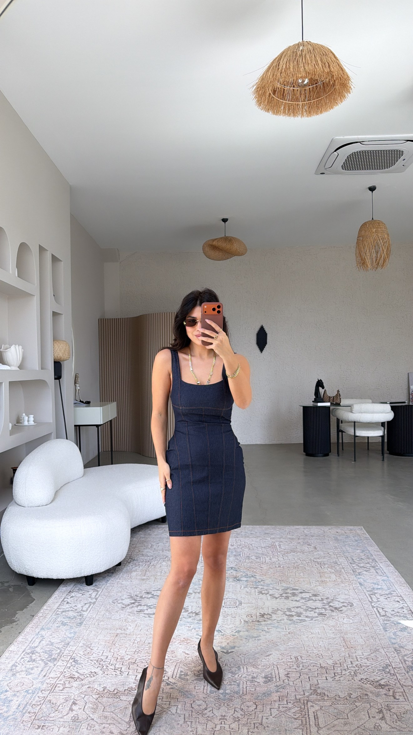 Dikiş Detaylı Askılı Lacivert Denim Elbise