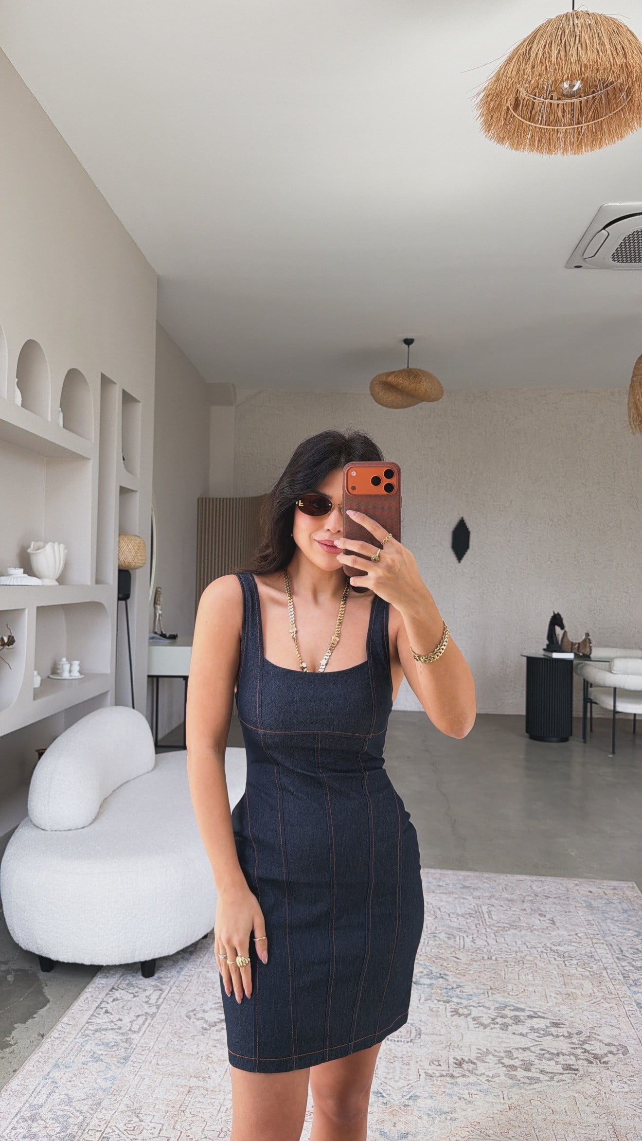 Dikiş Detaylı Askılı Lacivert Denim Elbise