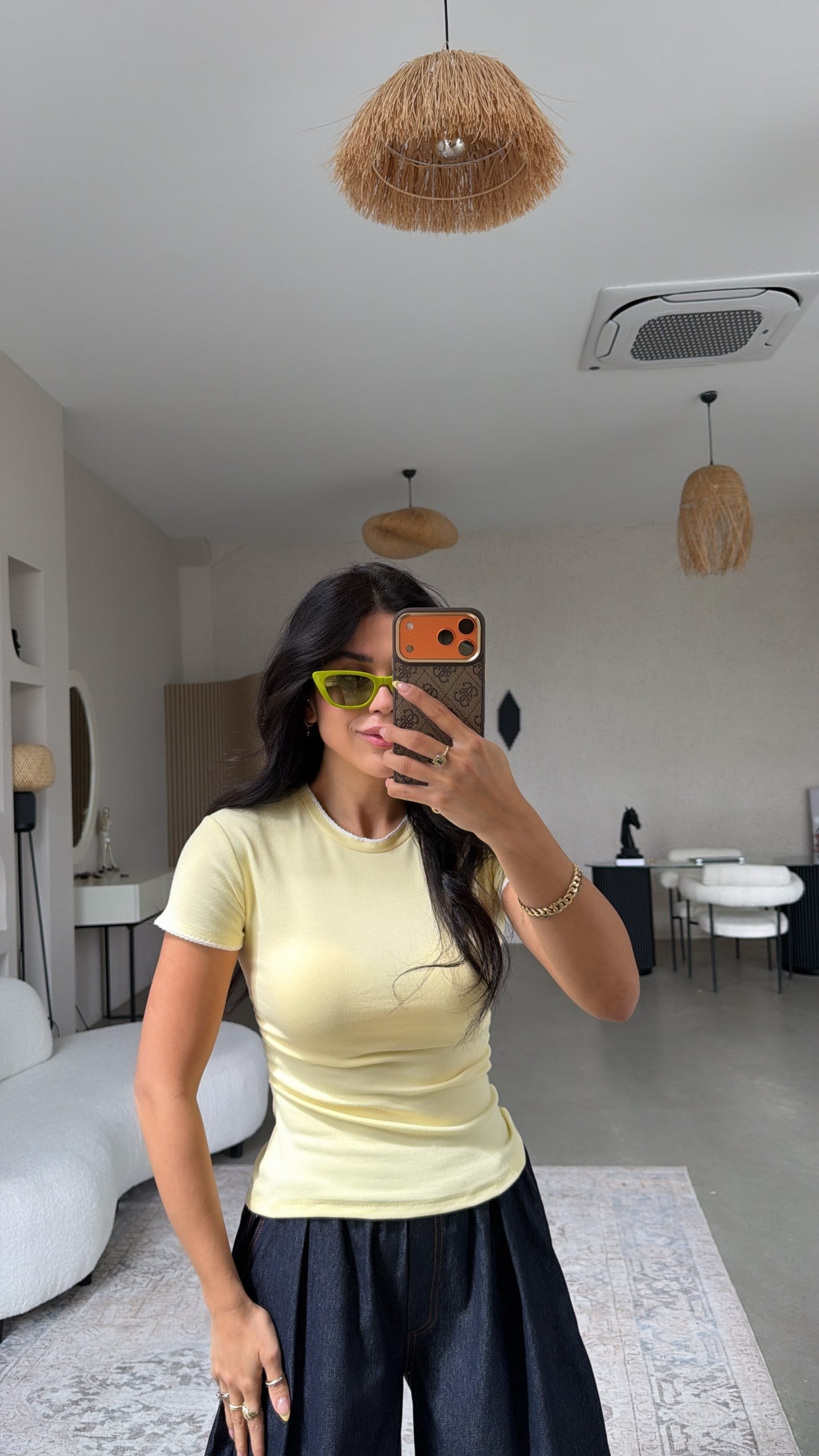 Dikiş Detaylı Sarı Pamuk Tshirt