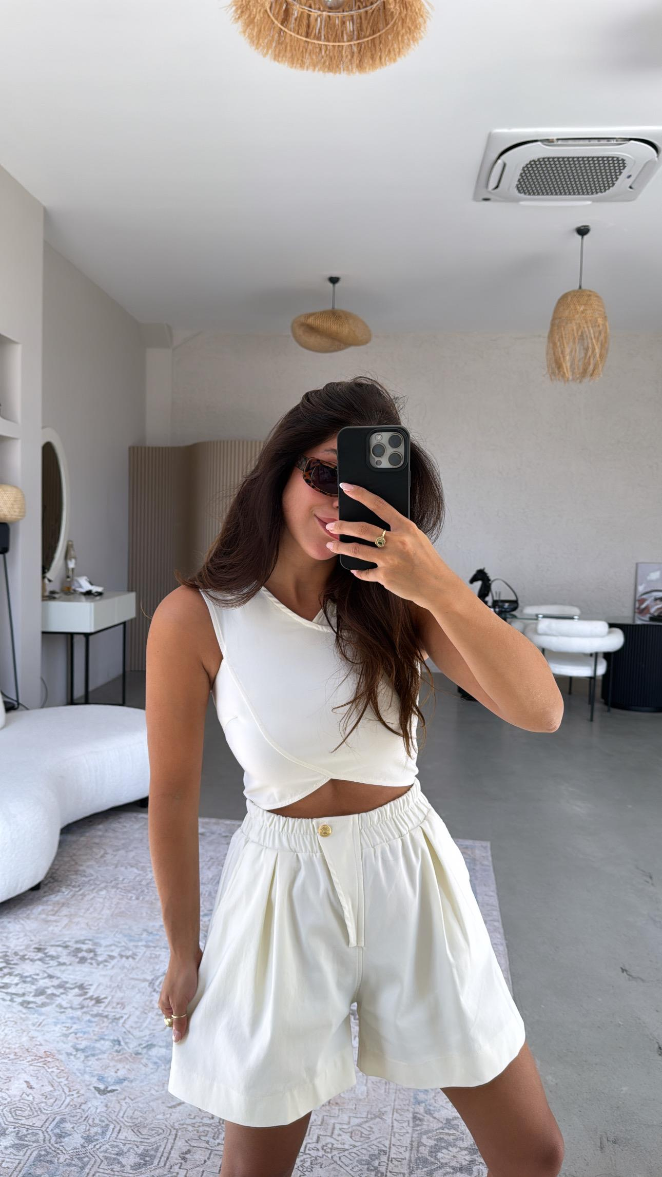 Ekru Denim Gold Detay Şort Çapraz Büstiyer Takım