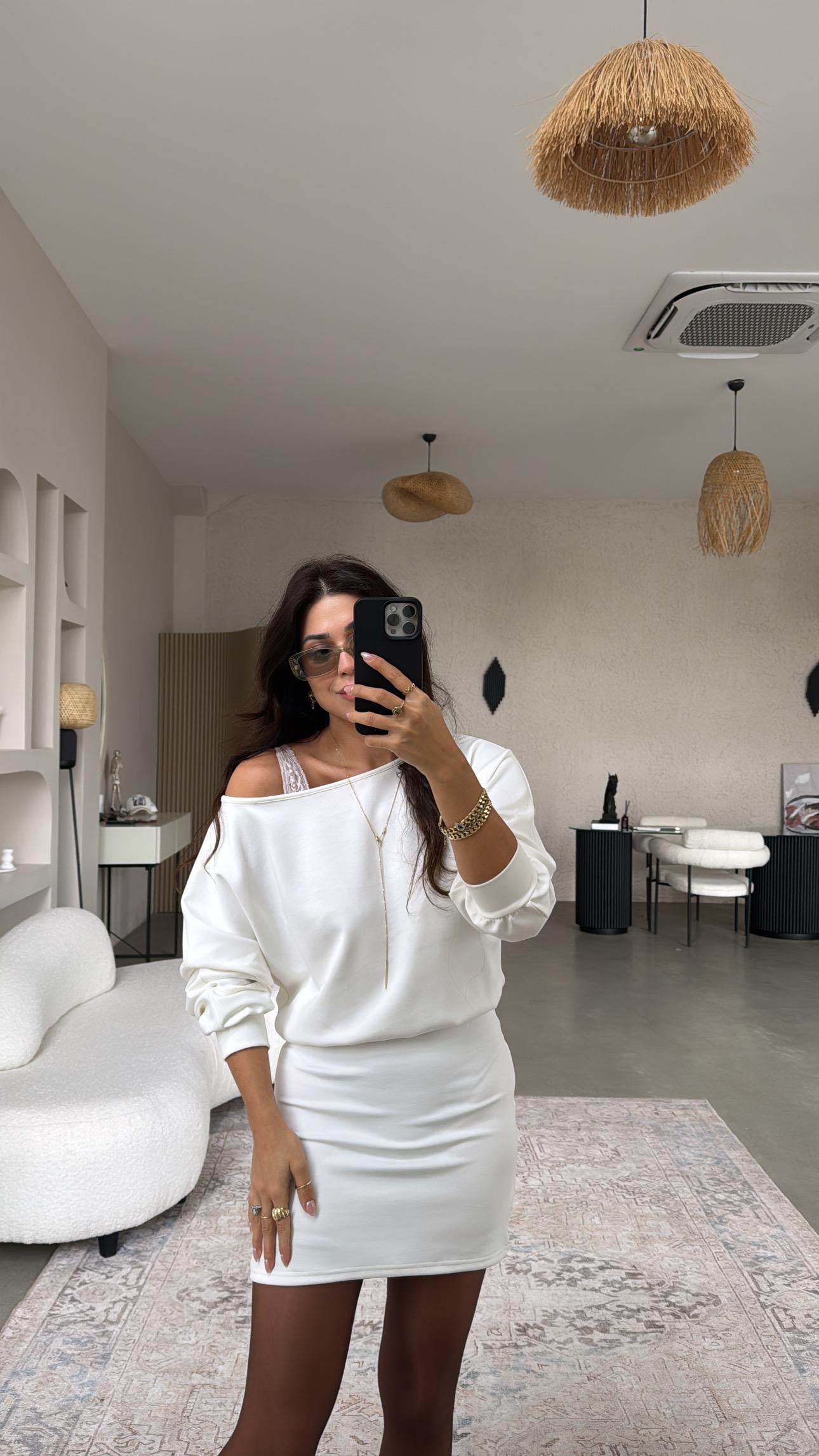 Ekru Eteği Oturan Modal Elbise