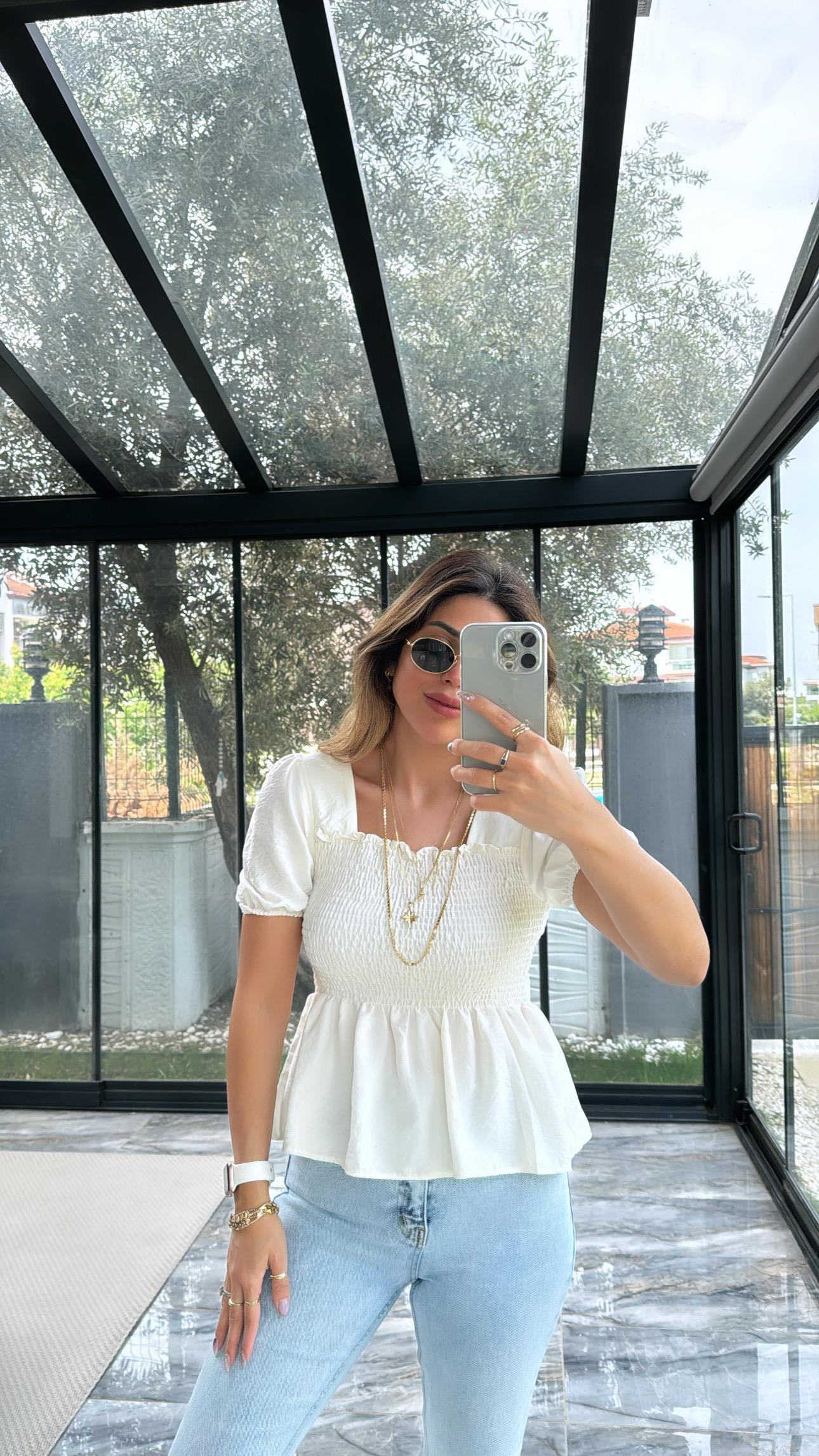 Ekru Gipeli İpek Bluz