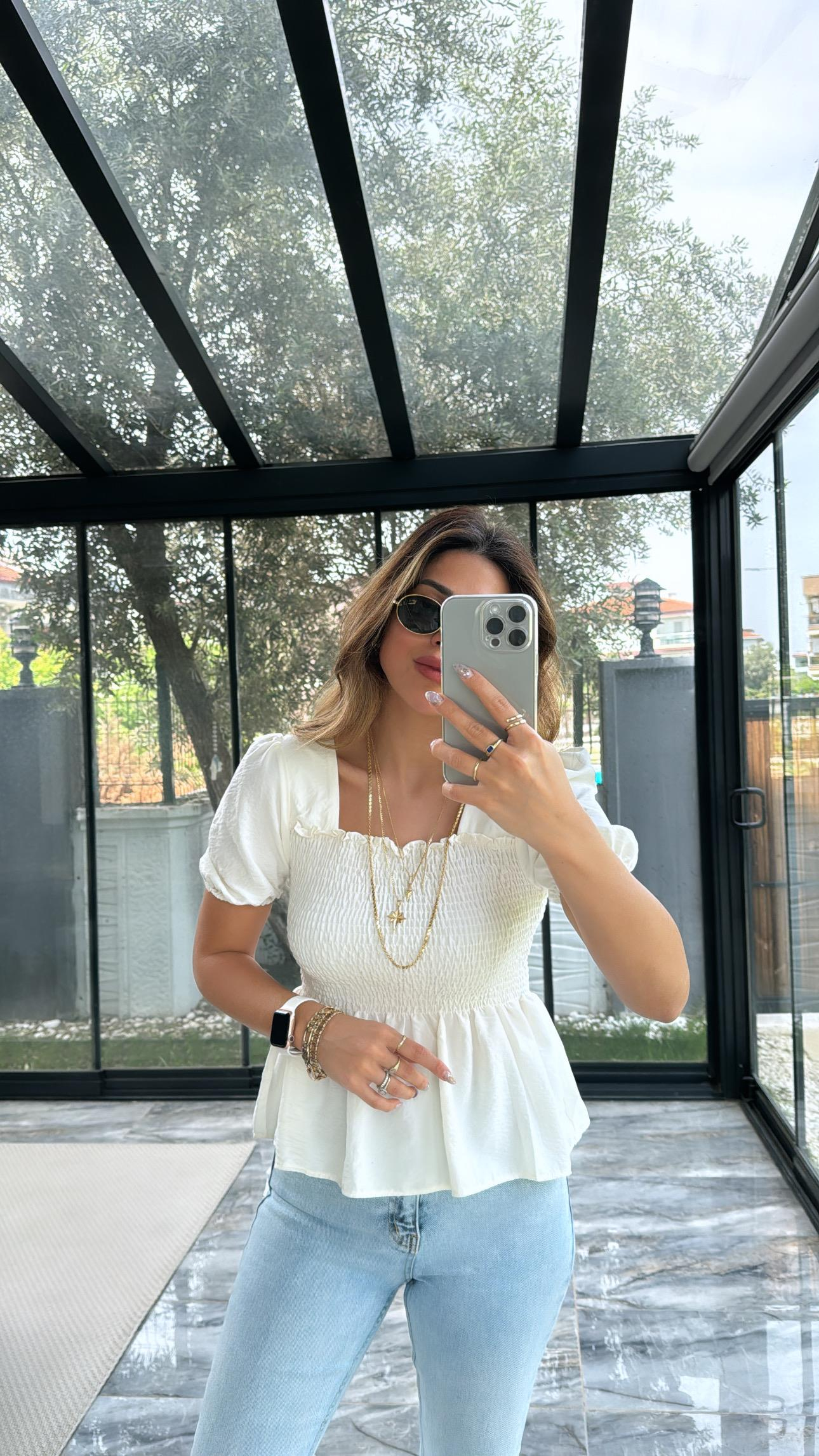 Ekru Gipeli İpek Bluz