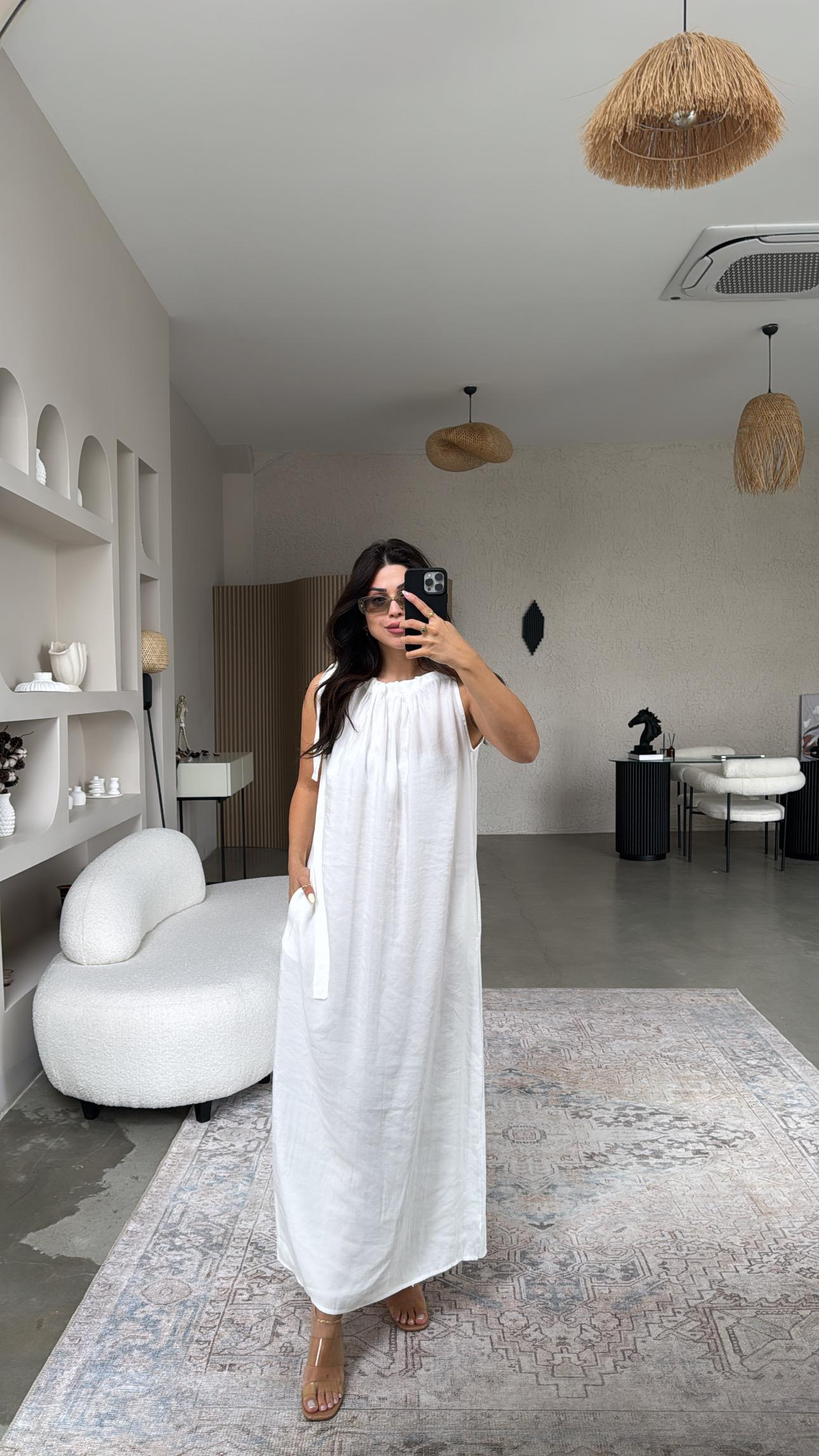 Ekru Omuzları Bağlı Tensel Maxi Elbise