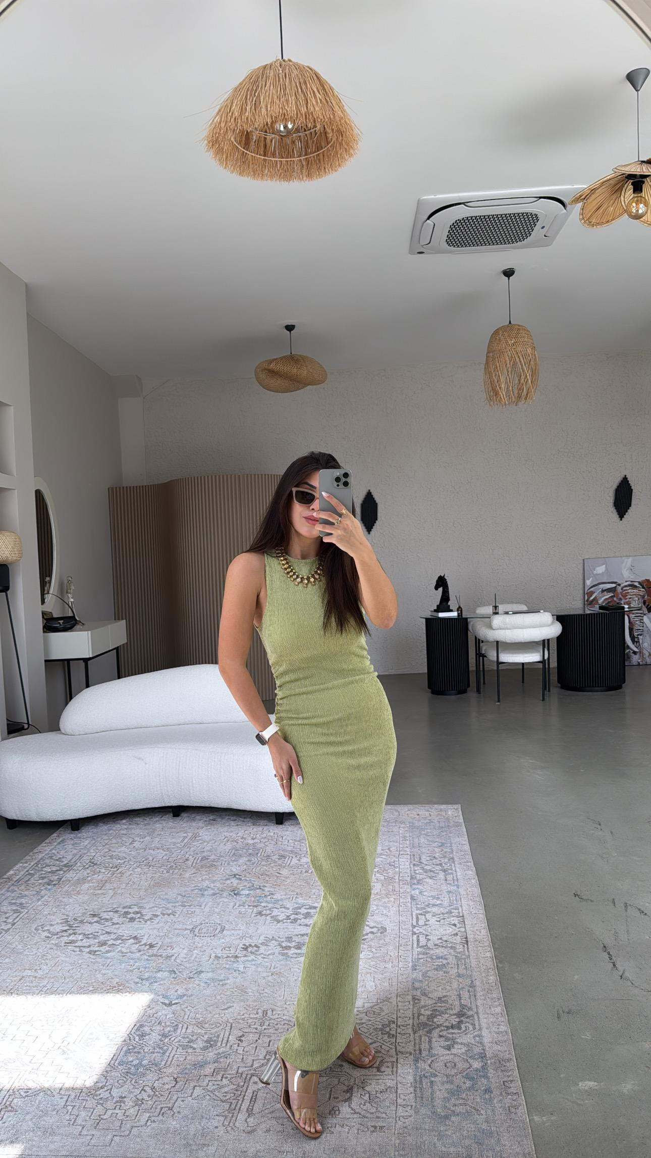 Fıstık Bürümcük ZR Model Büzgü Detay Elbise