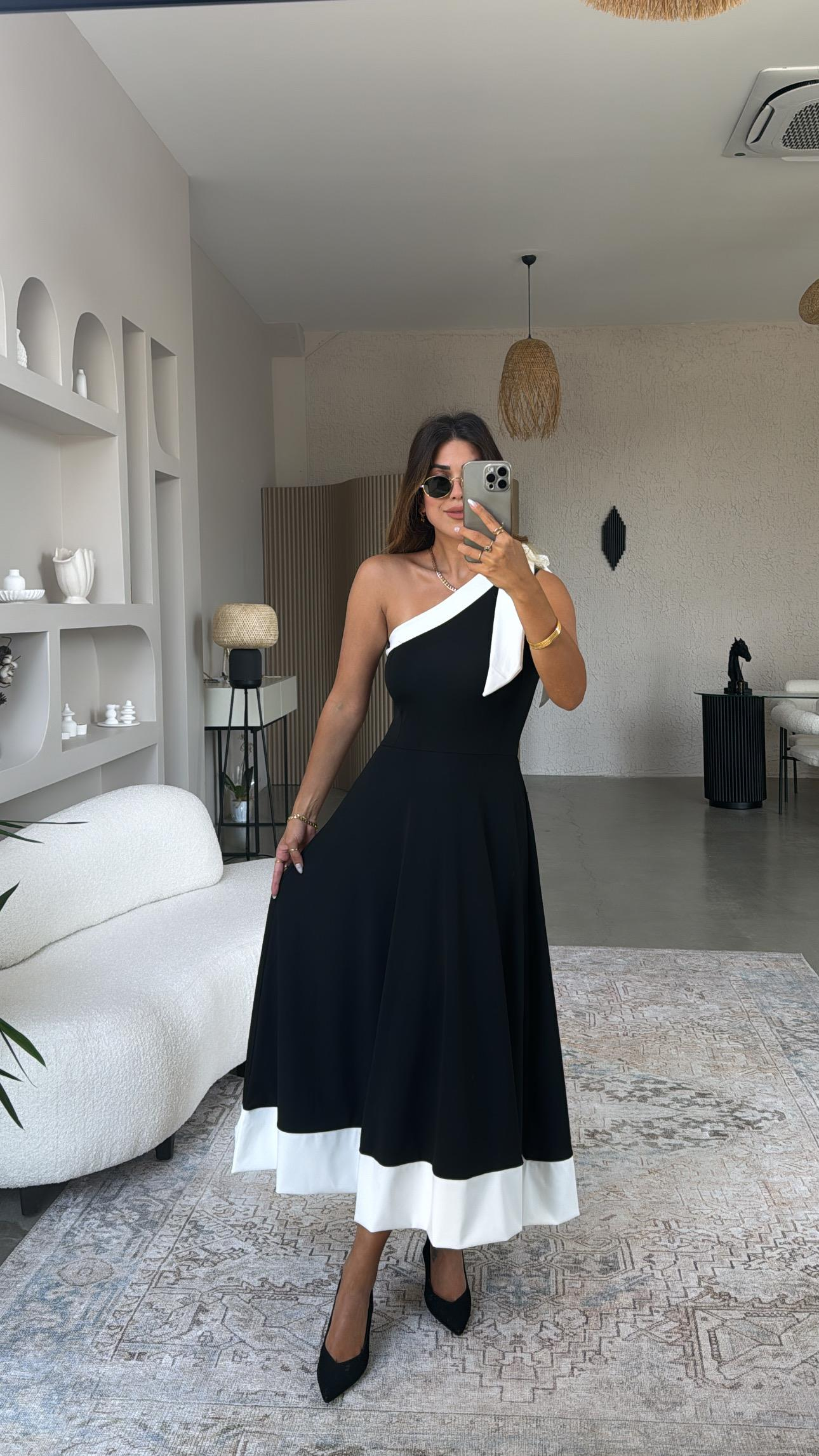 Fiyonk Detay Tek Omuz Maxi Elbise