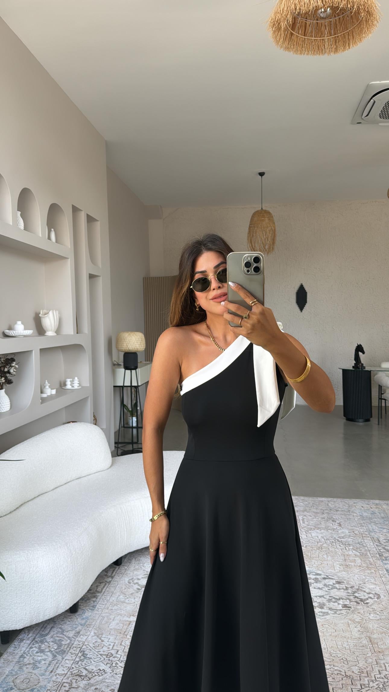 Fiyonk Detay Tek Omuz Maxi Elbise