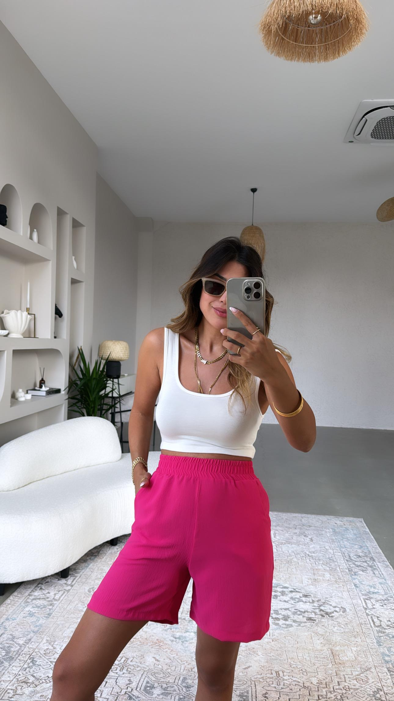 Fuşya Cepli Basic Şort