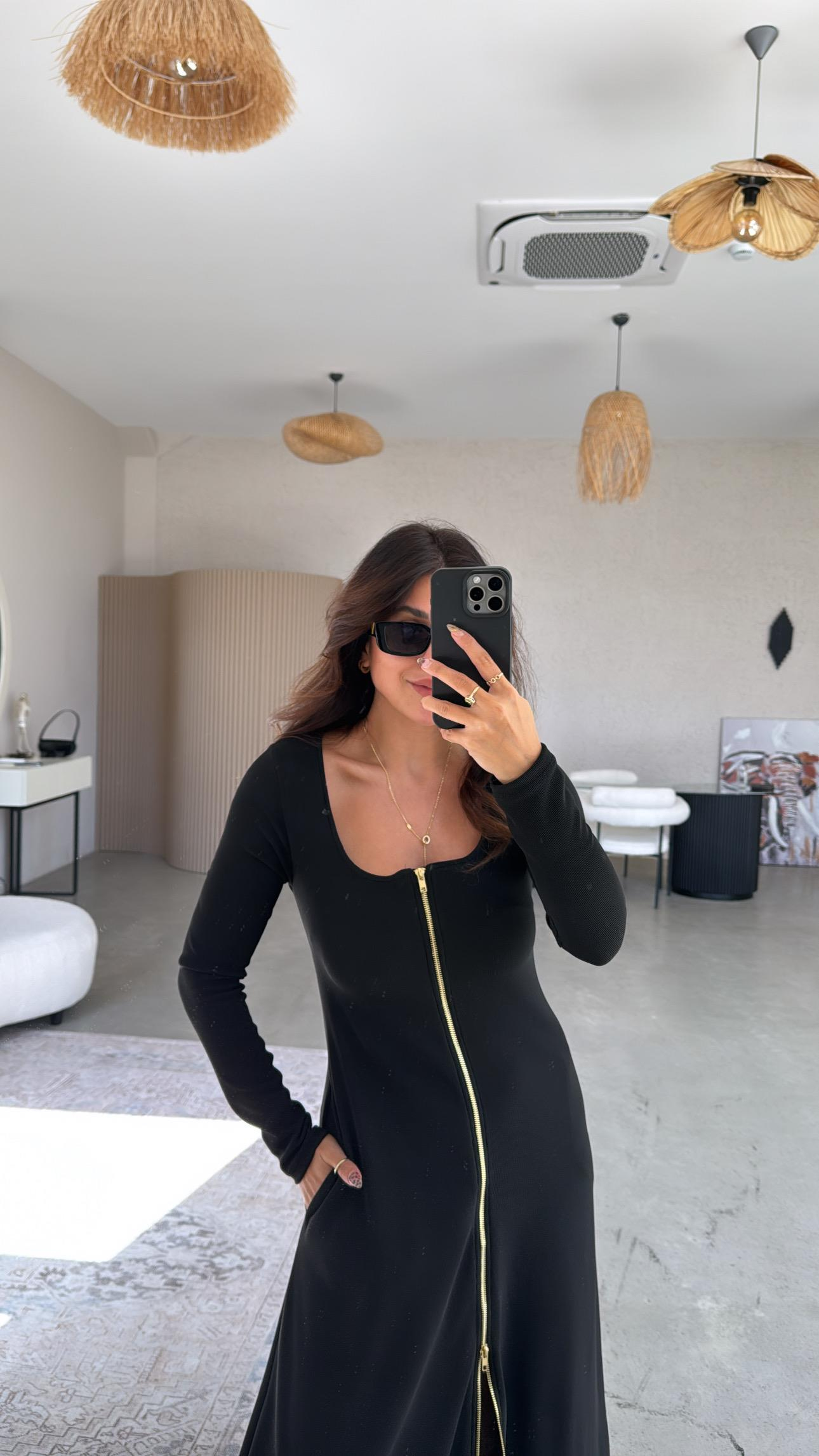 Gold Fermuarlı Kare Yaka Midi Boy Elbise